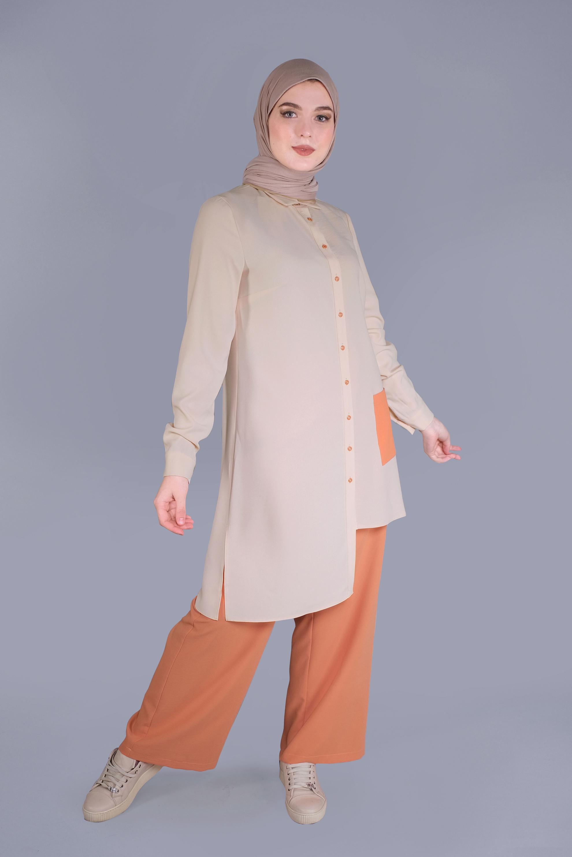 Tesettür giyim VİZON ASİMETRİK KESİM PANTOLONLU TAKIM 40789