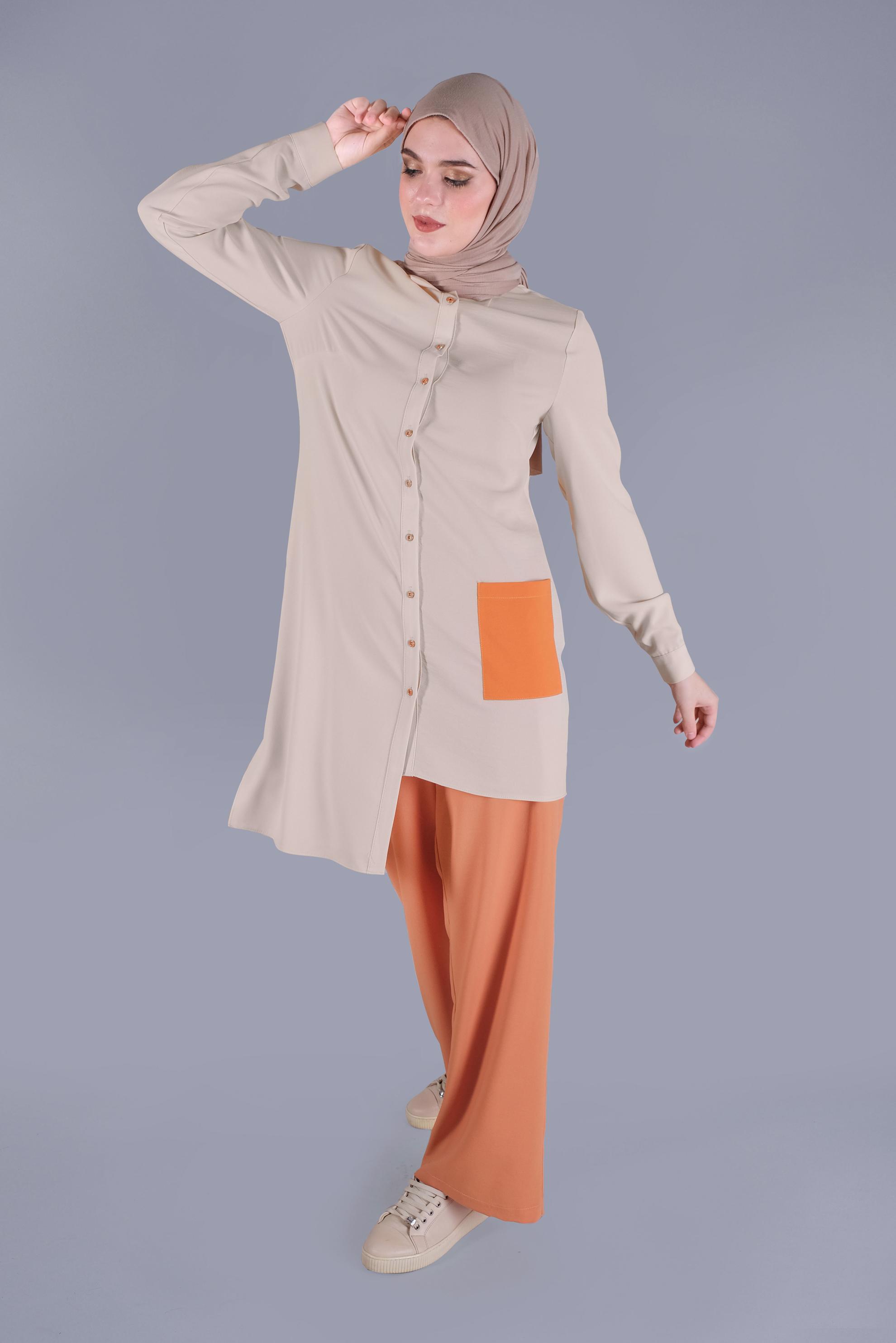 Tesettür giyim VİZON ASİMETRİK KESİM PANTOLONLU TAKIM 40789