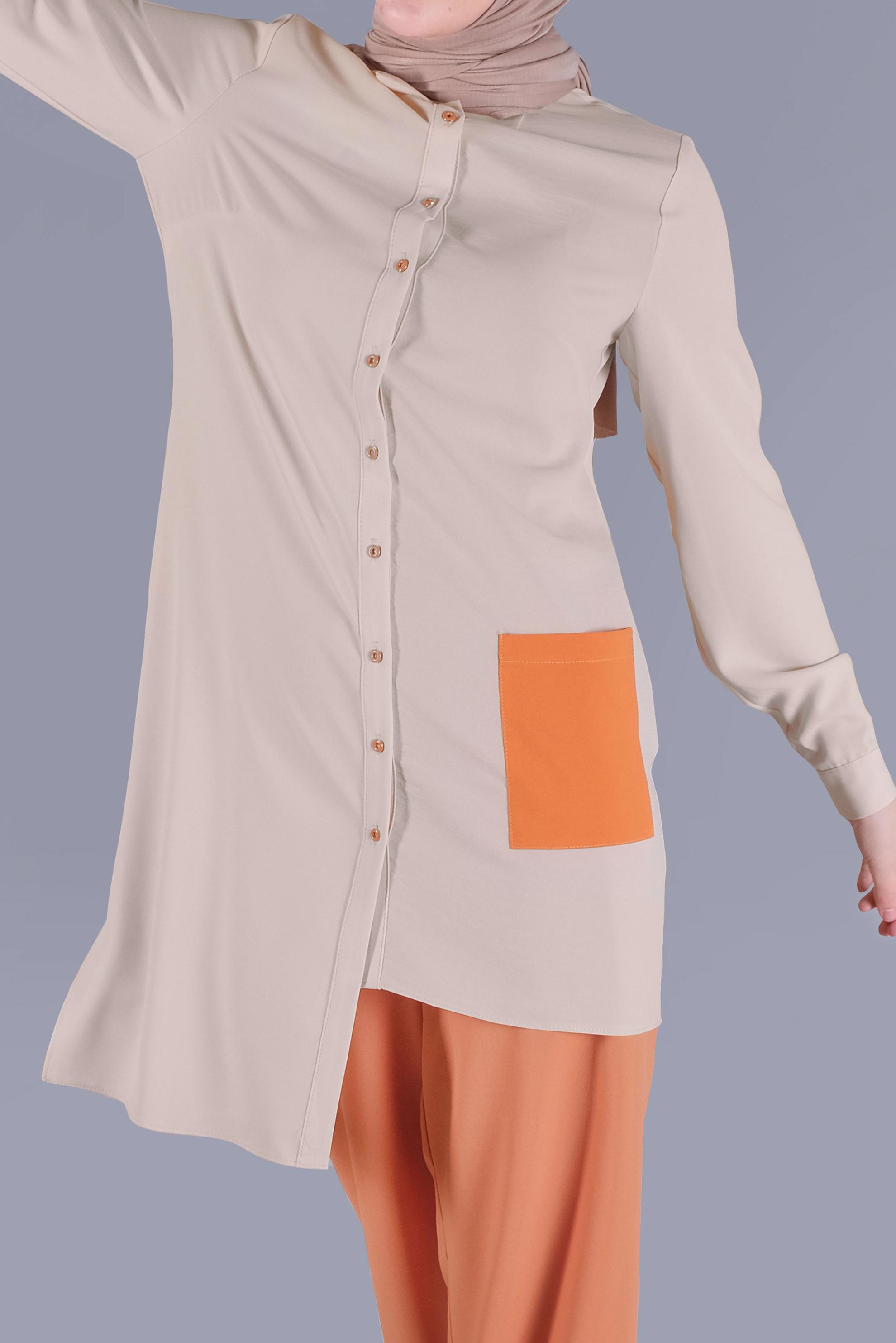 Tesettür giyim VİZON ASİMETRİK KESİM PANTOLONLU TAKIM 40789