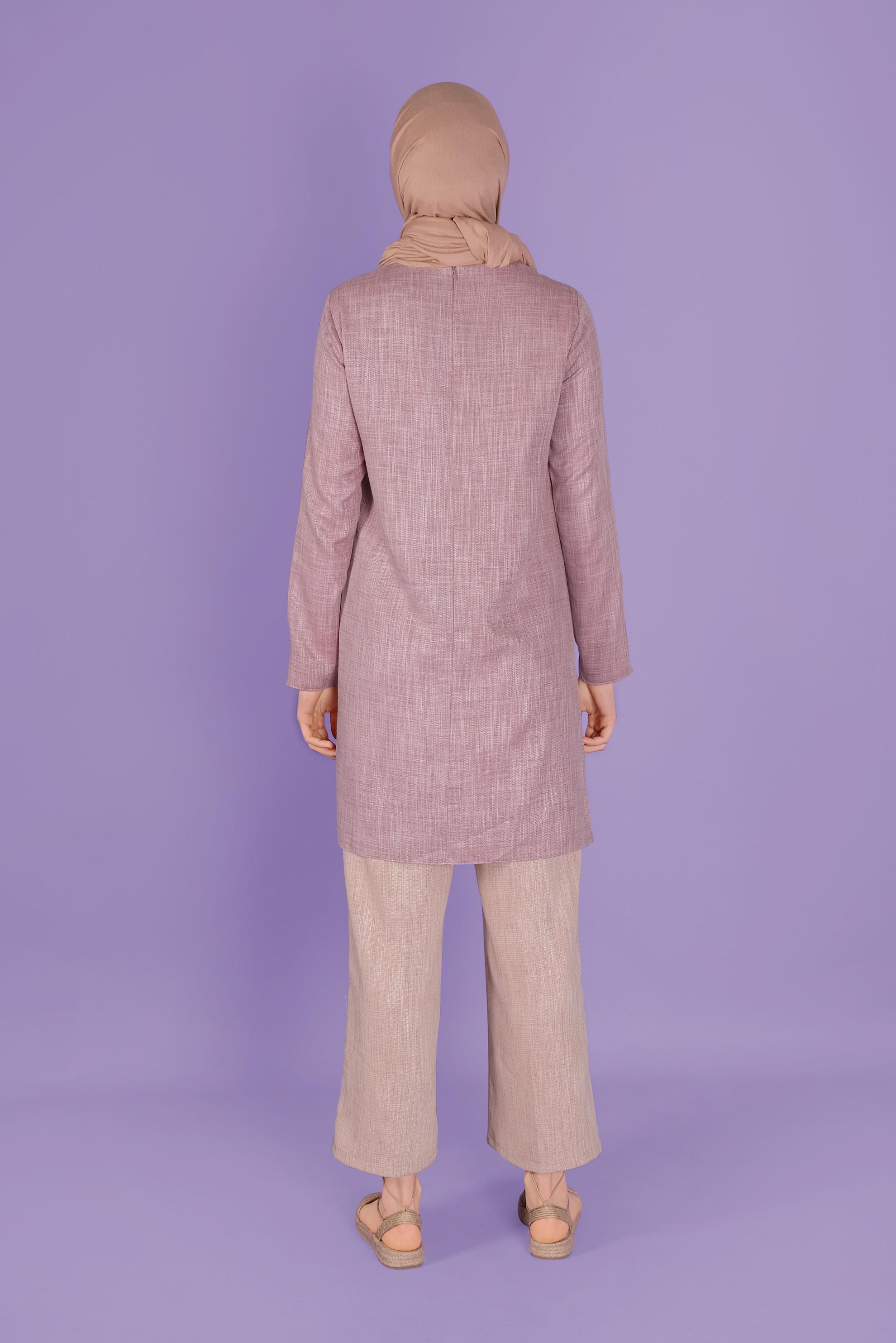 Tesettür giyim PEMBE NAKIŞ DETAYLI KETEN PANTOLONLU TAKIM 41340 