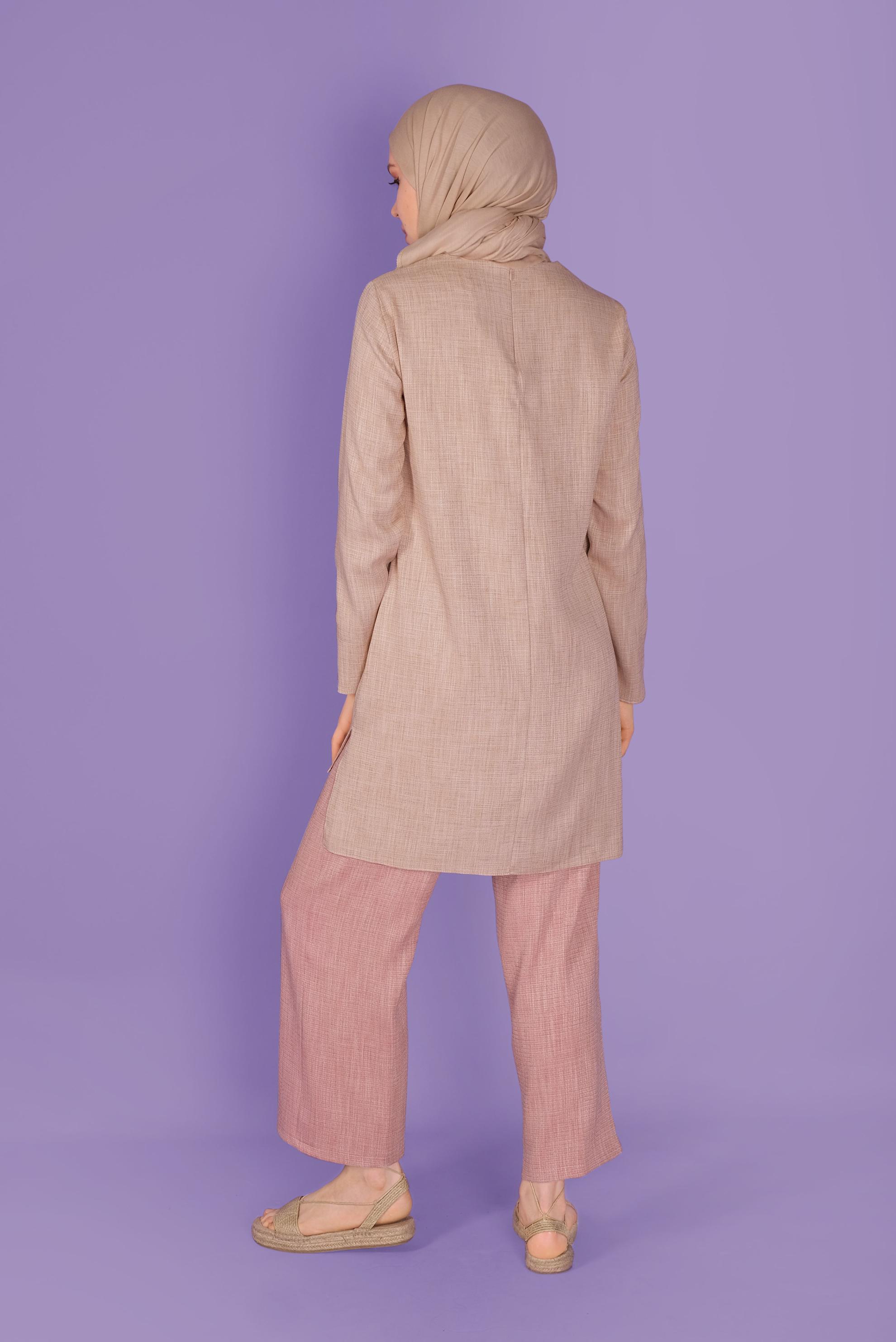 Tesettür giyim KAHVE NAKIŞ DETAYLI KETEN PANTOLONLU TAKIM 41340 