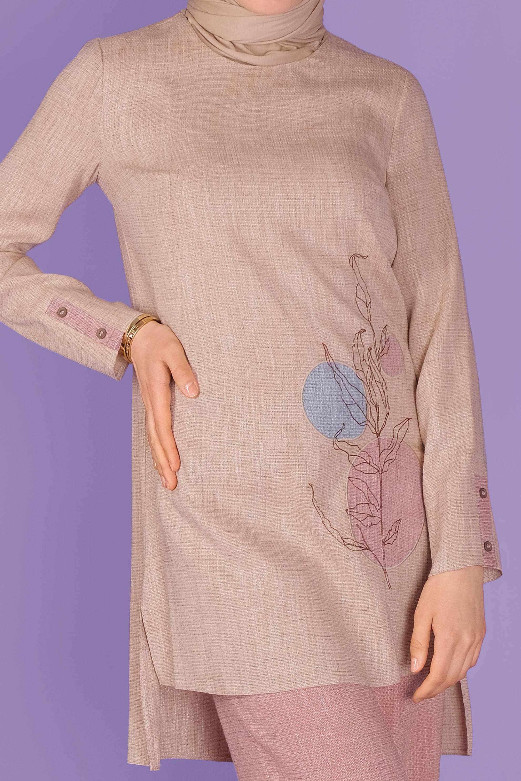 Tesettür giyim KAHVE NAKIŞ DETAYLI KETEN PANTOLONLU TAKIM 41340 