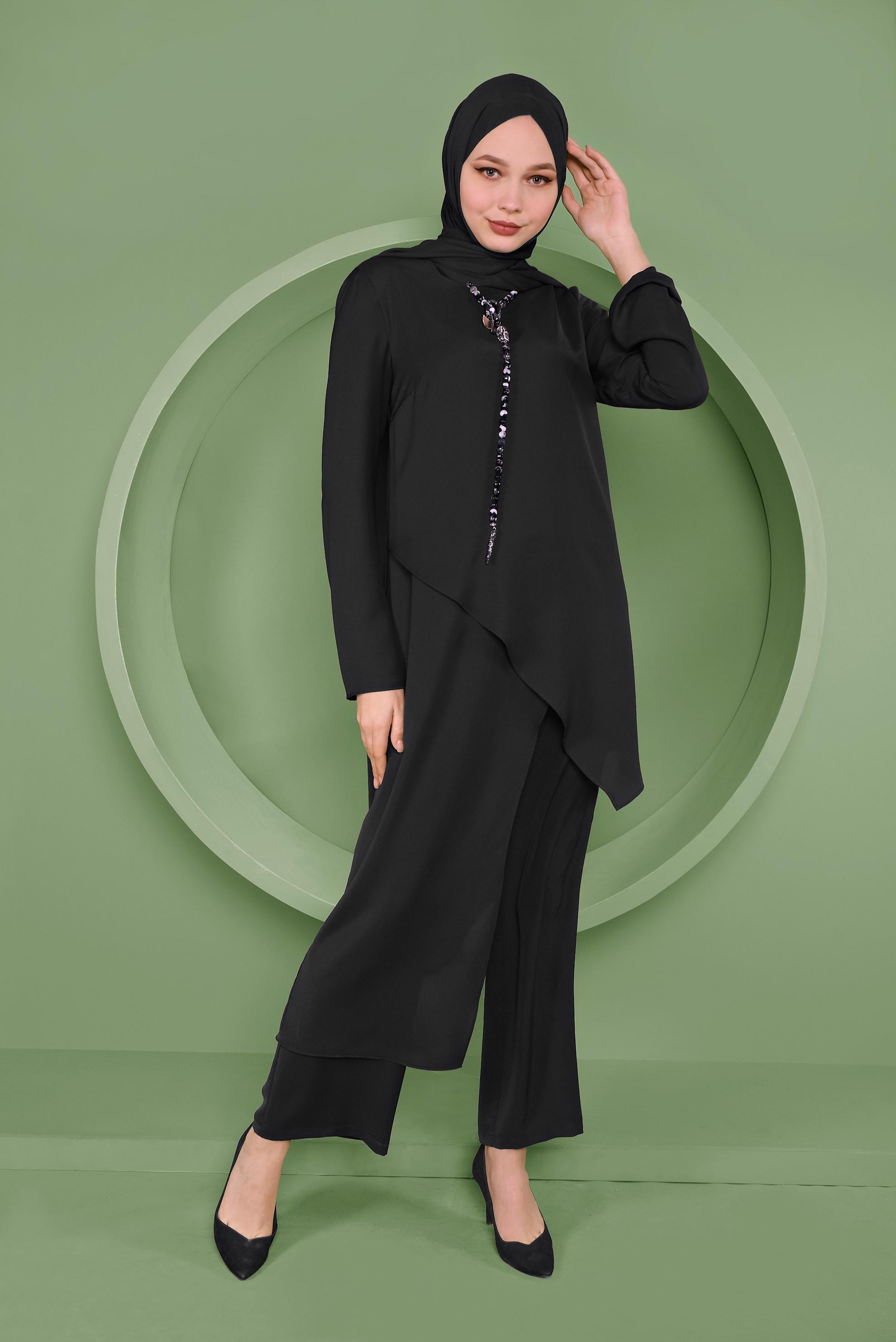 Tesettür giyim SİYAH ASİMETRİK KESİM İKİLİ PANTOLONLU TAKIM 41354 