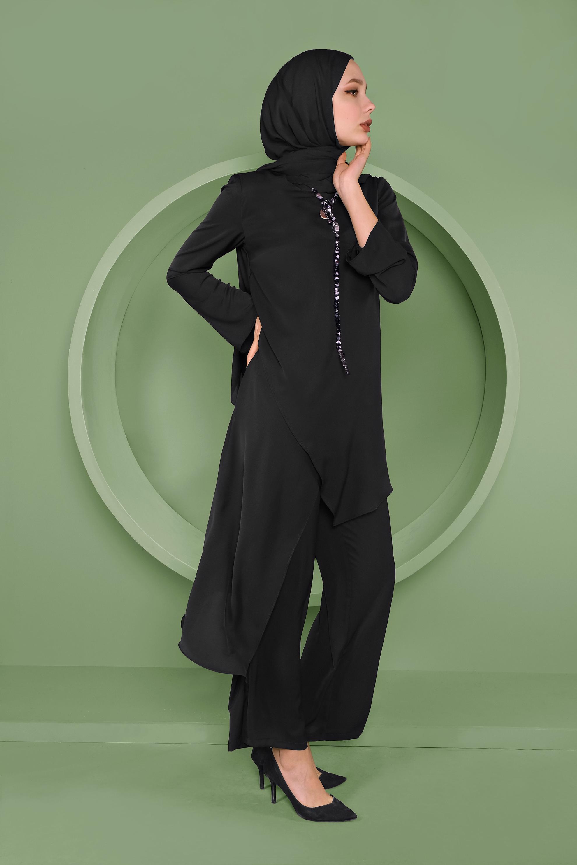 Tesettür giyim SİYAH ASİMETRİK KESİM İKİLİ PANTOLONLU TAKIM 41354 