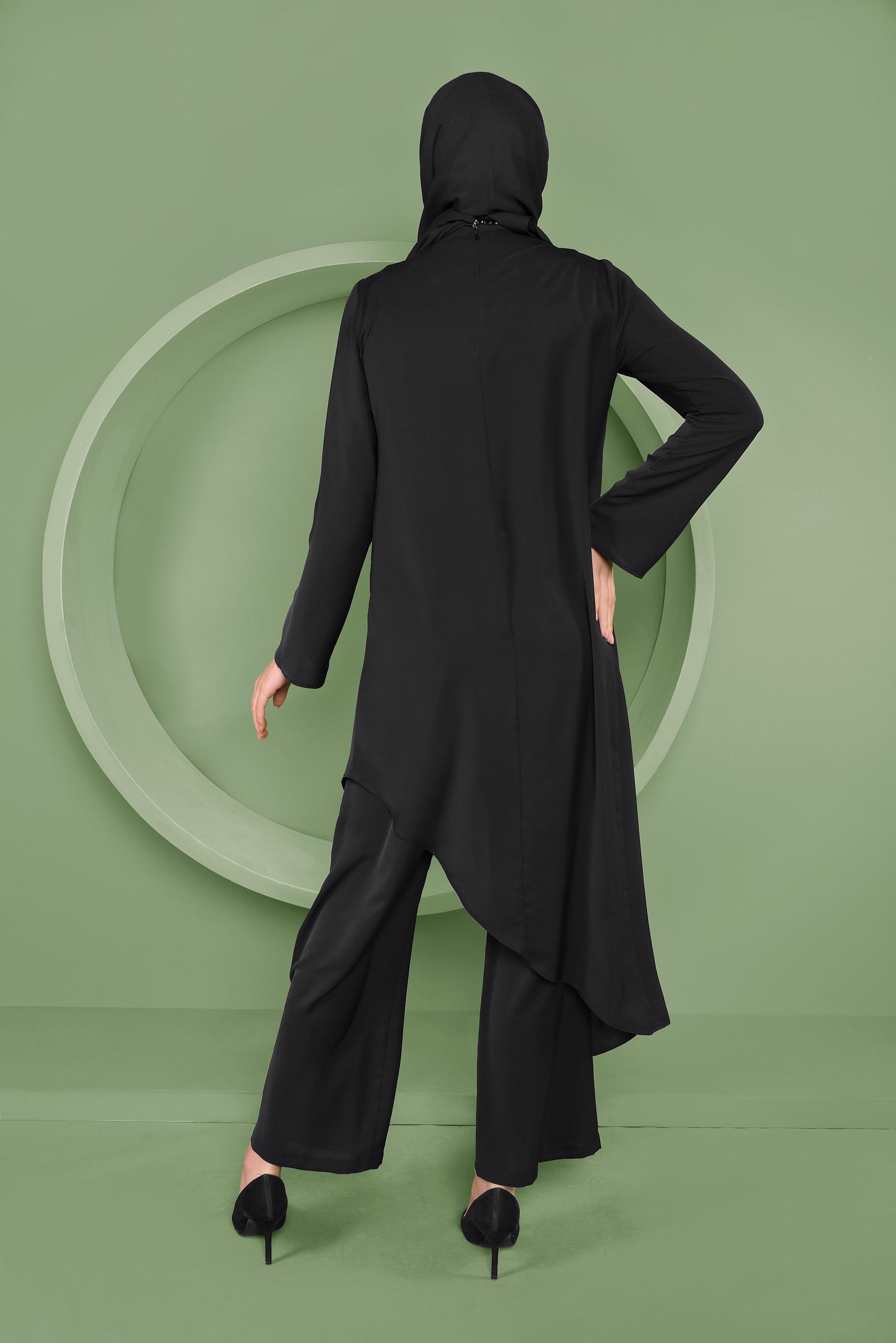 Tesettür giyim SİYAH ASİMETRİK KESİM İKİLİ PANTOLONLU TAKIM 41354 