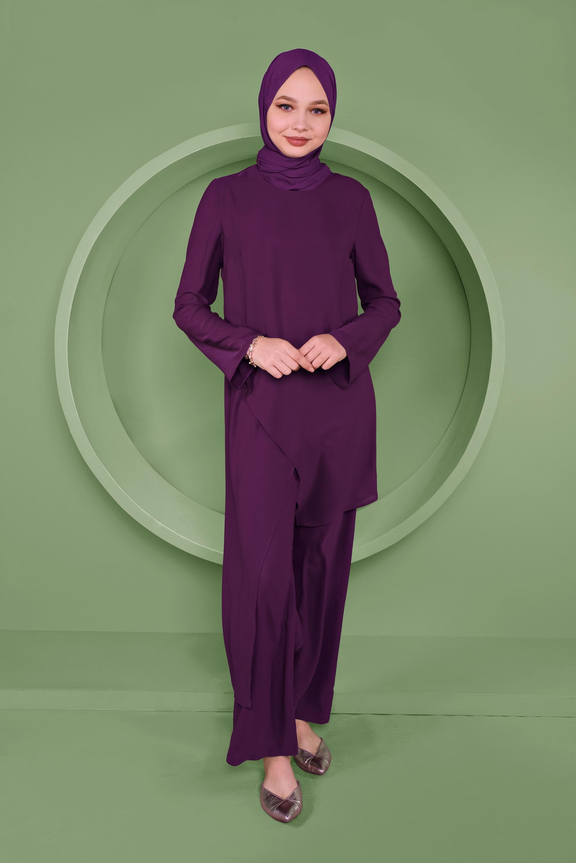 Tesettür giyim MOR ASİMETRİK KESİM İKİLİ PANTOLONLU TAKIM 41354 