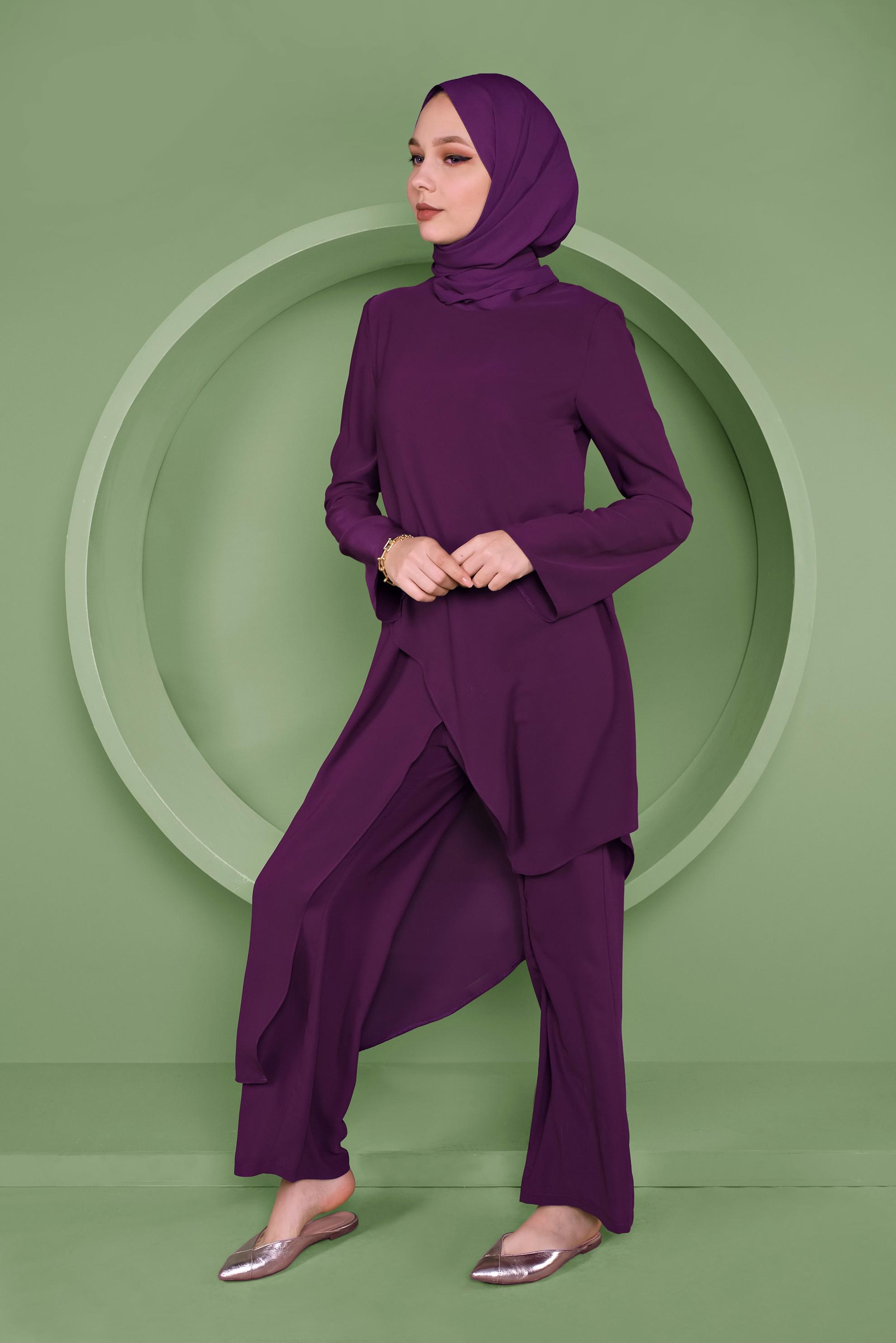 Tesettür giyim MOR ASİMETRİK KESİM İKİLİ PANTOLONLU TAKIM 41354 