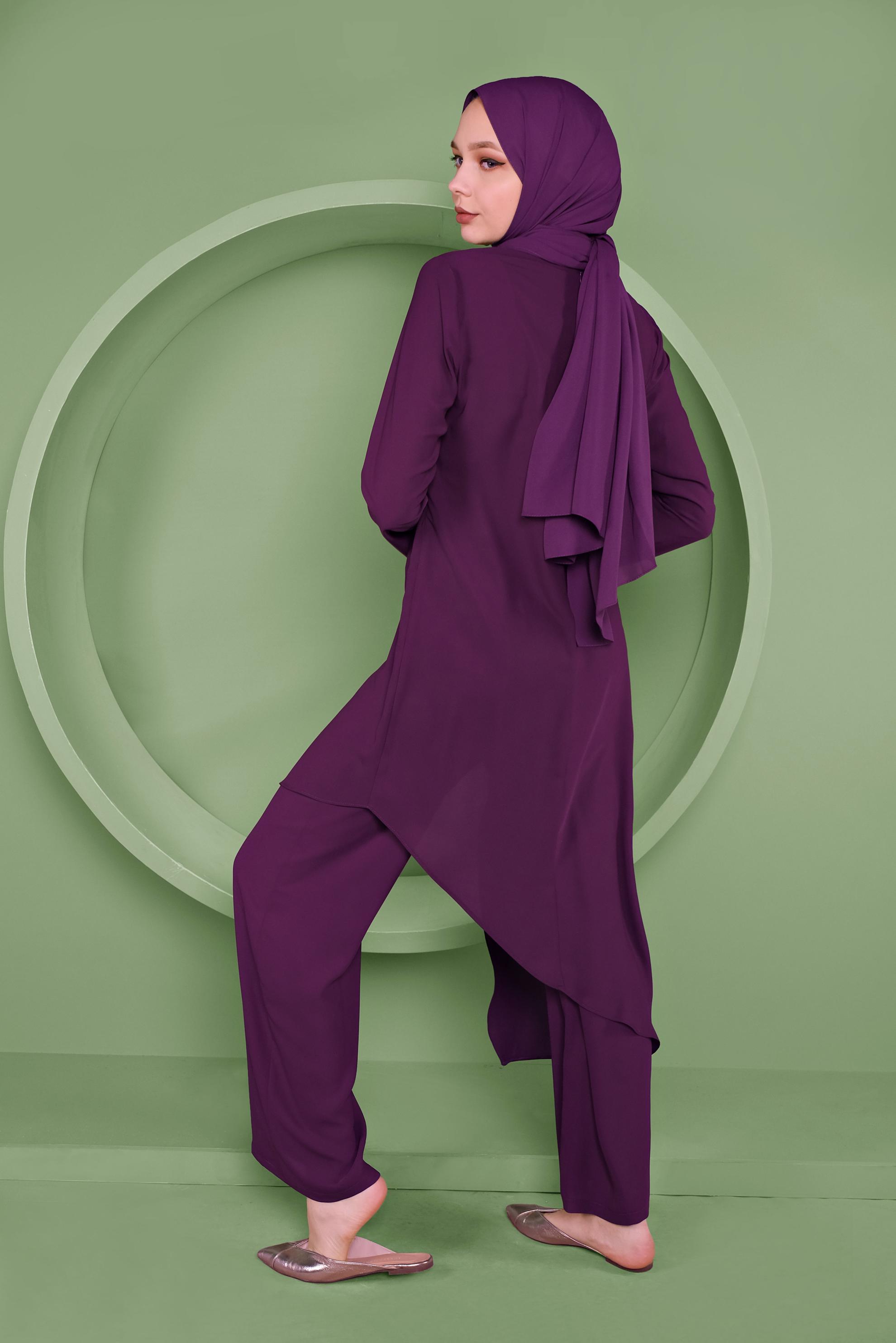 Tesettür giyim MOR ASİMETRİK KESİM İKİLİ PANTOLONLU TAKIM 41354 