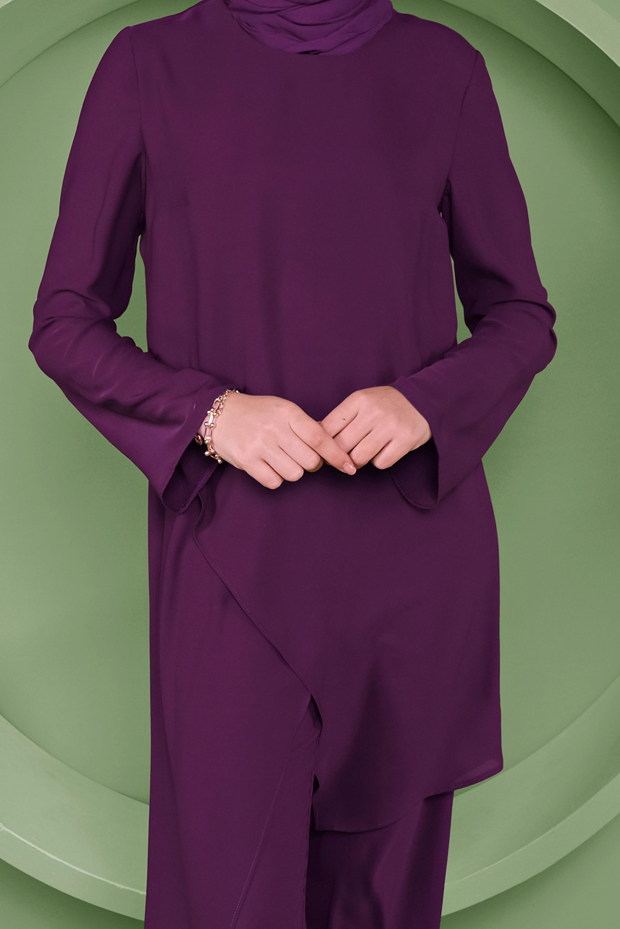 Tesettür giyim MOR ASİMETRİK KESİM İKİLİ PANTOLONLU TAKIM 41354 