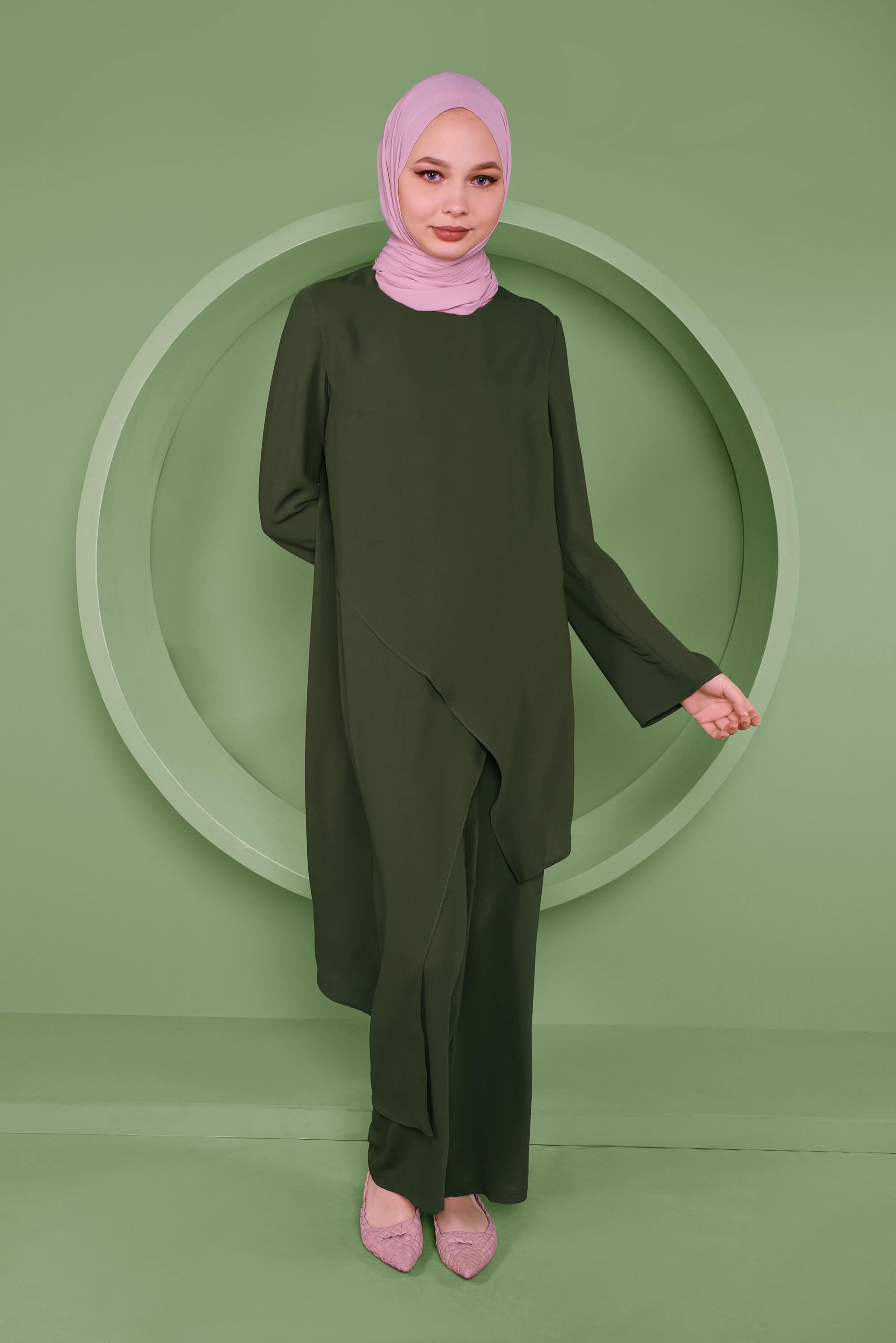 Tesettür giyim HAKİ ASİMETRİK KESİM İKİLİ PANTOLONLU TAKIM 41354 