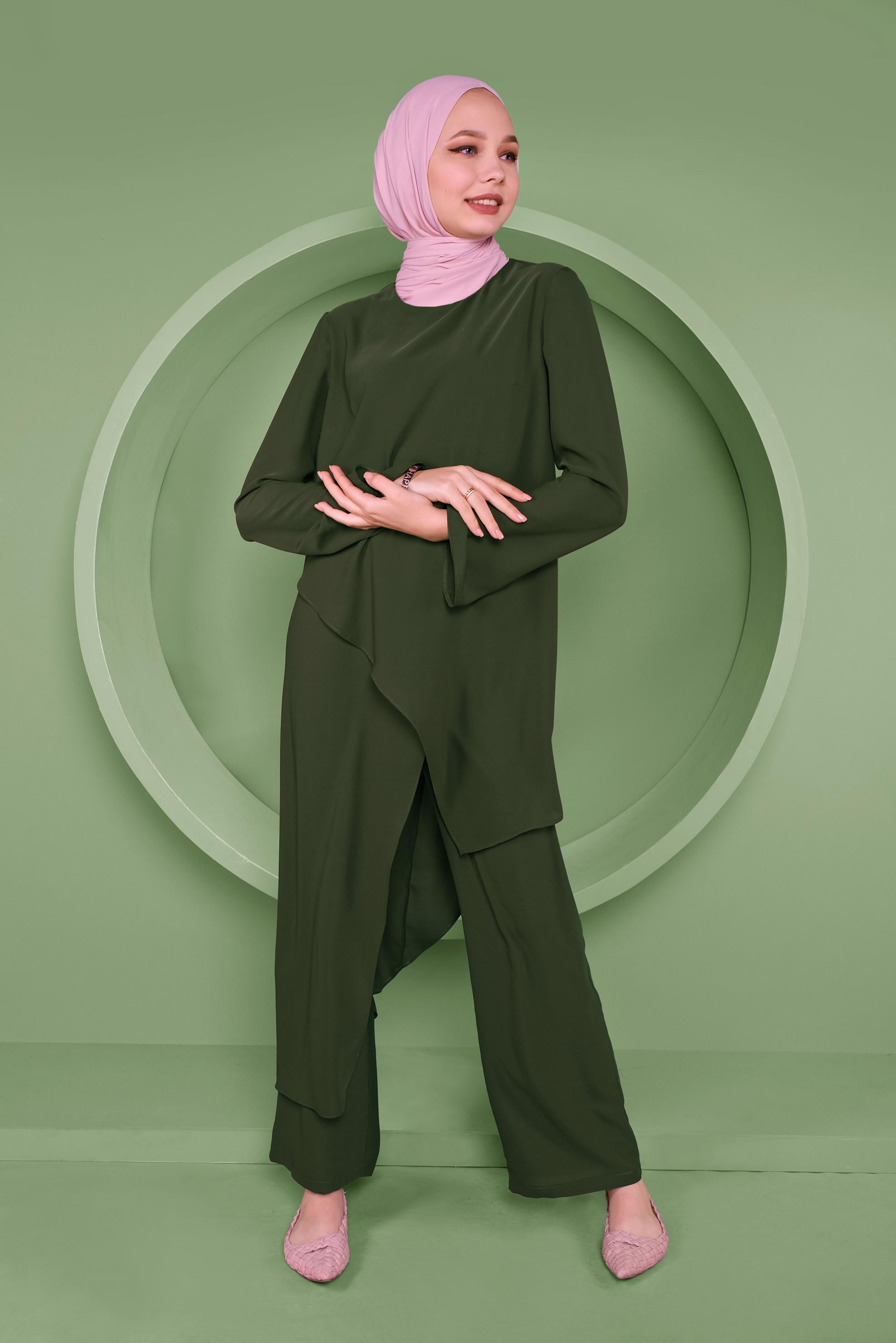 Tesettür giyim HAKİ ASİMETRİK KESİM İKİLİ PANTOLONLU TAKIM 41354 