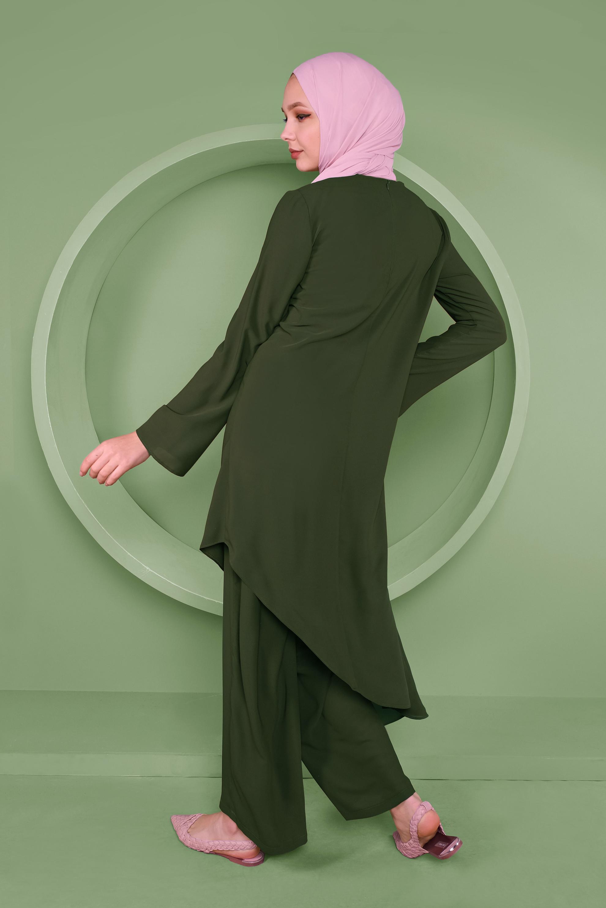 Tesettür giyim HAKİ ASİMETRİK KESİM İKİLİ PANTOLONLU TAKIM 41354 