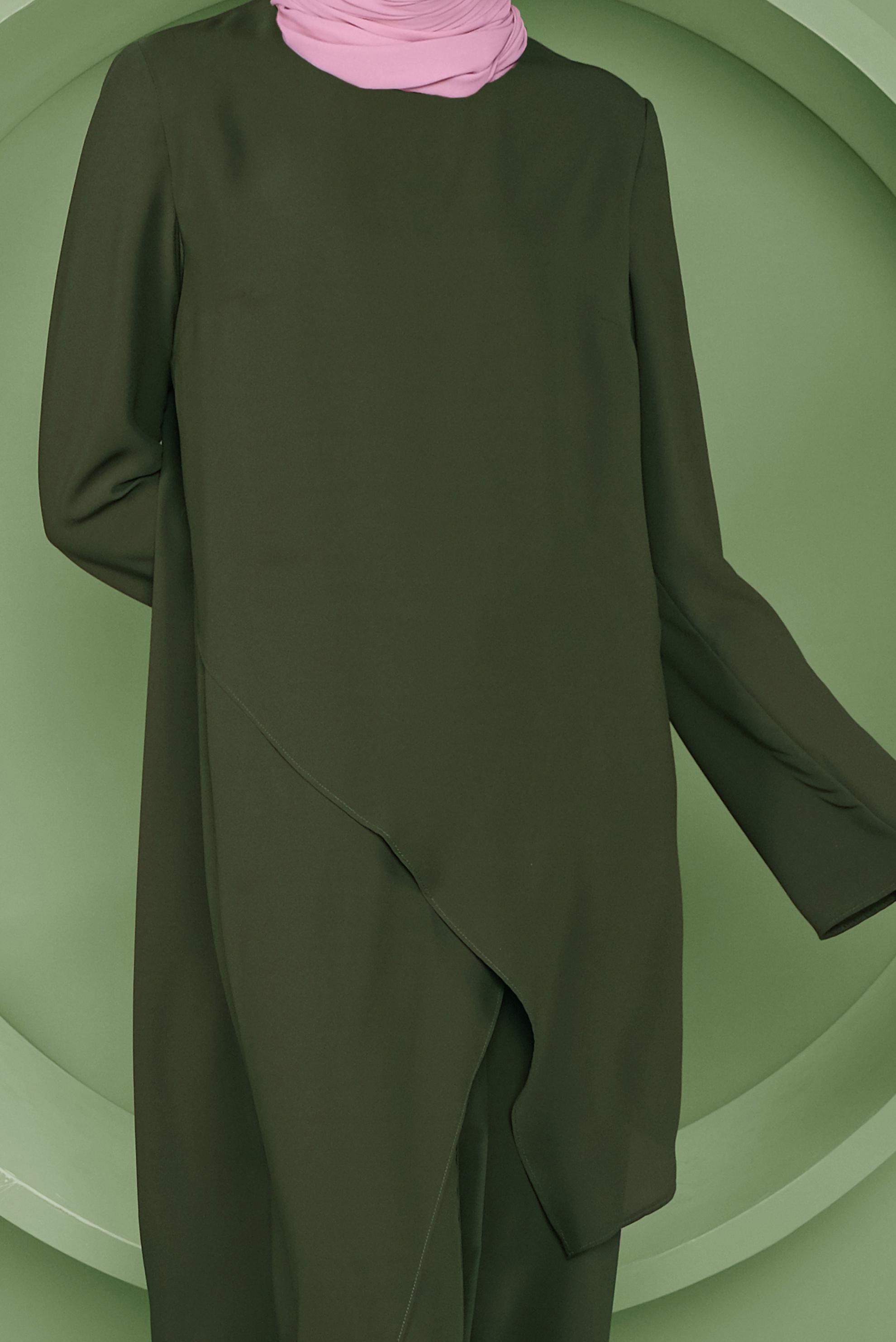 Tesettür giyim HAKİ ASİMETRİK KESİM İKİLİ PANTOLONLU TAKIM 41354 