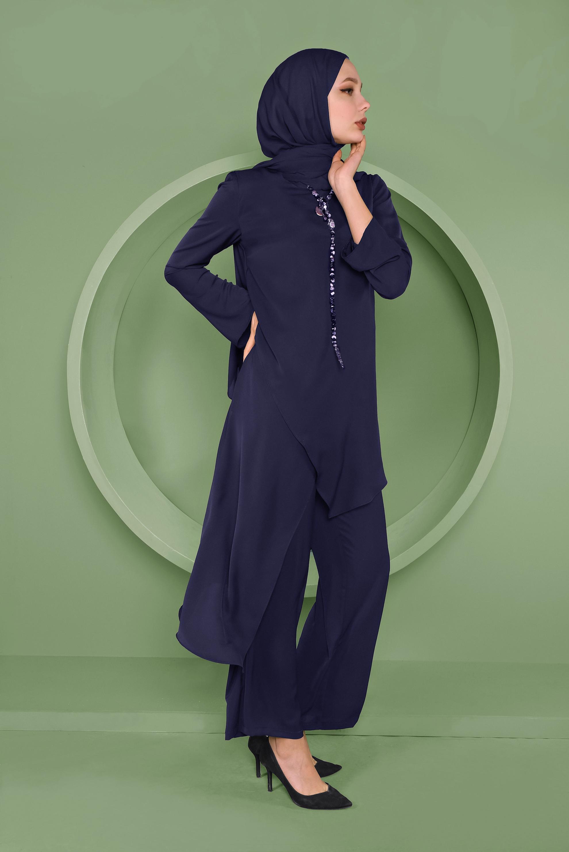 Tesettür giyim LACİVERT ASİMETRİK KESİM İKİLİ PANTOLONLU TAKIM 41354 