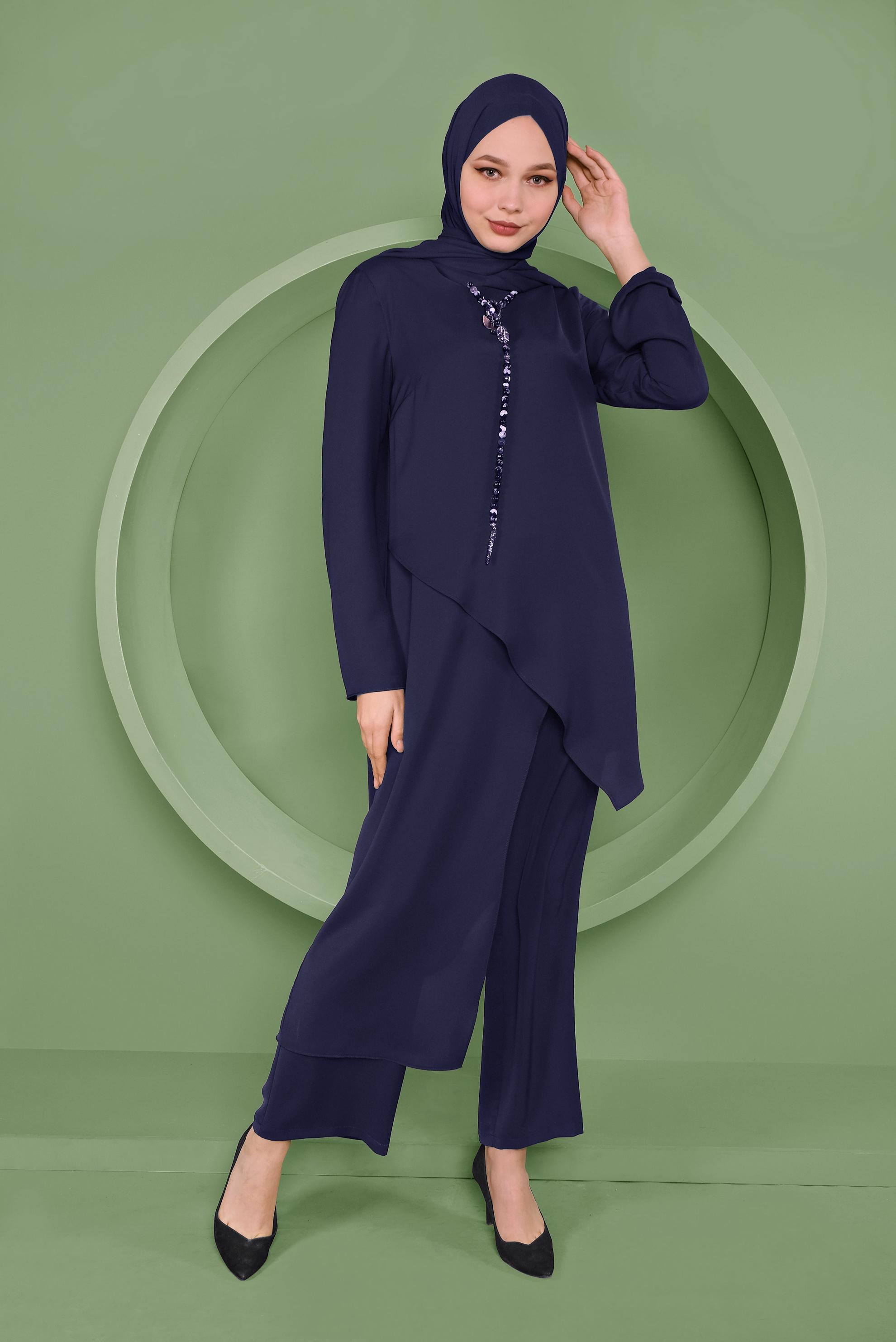 Tesettür giyim LACİVERT ASİMETRİK KESİM İKİLİ PANTOLONLU TAKIM 41354 