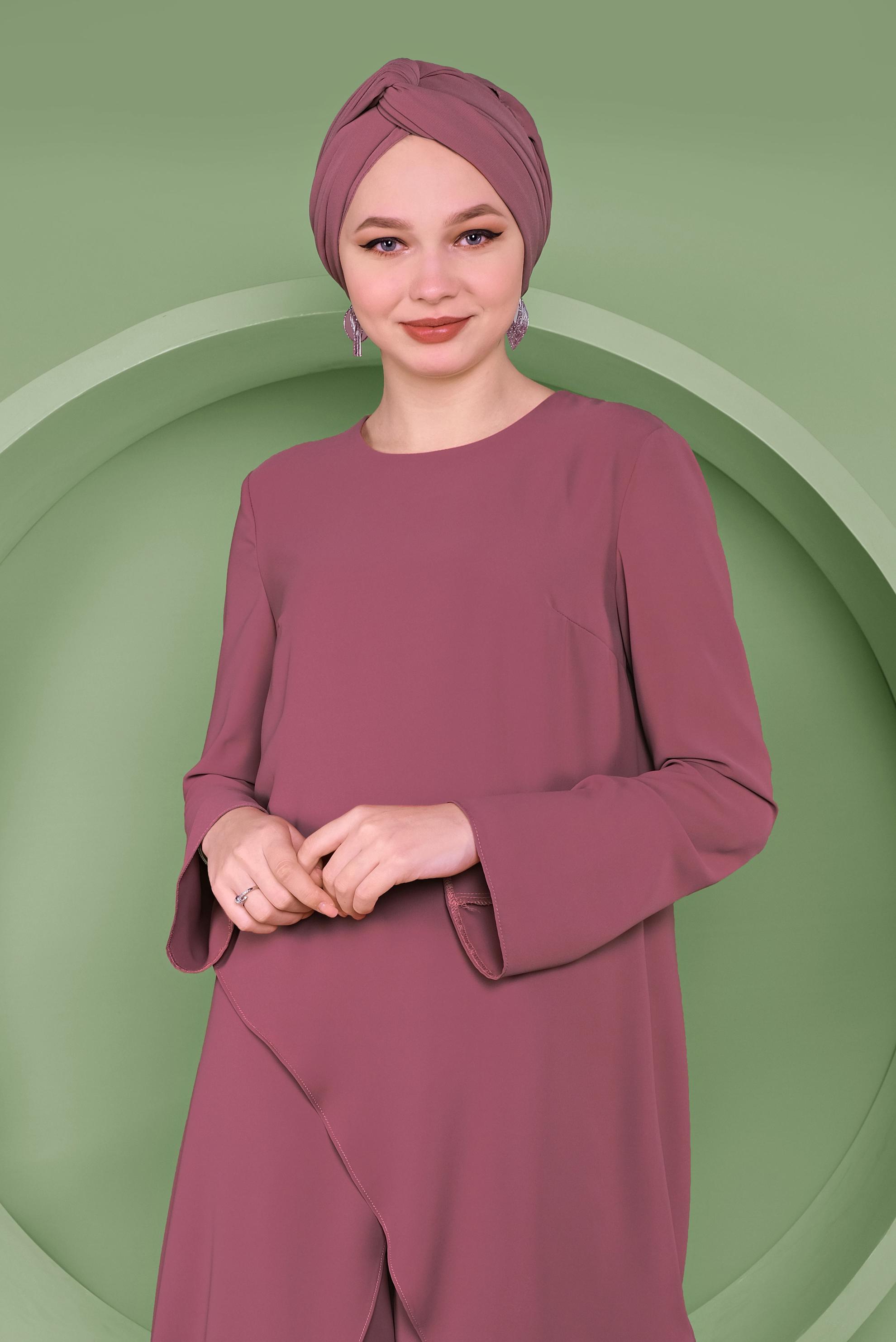 Tesettür giyim PEMBE ASİMETRİK KESİM İKİLİ PANTOLONLU TAKIM 41354 