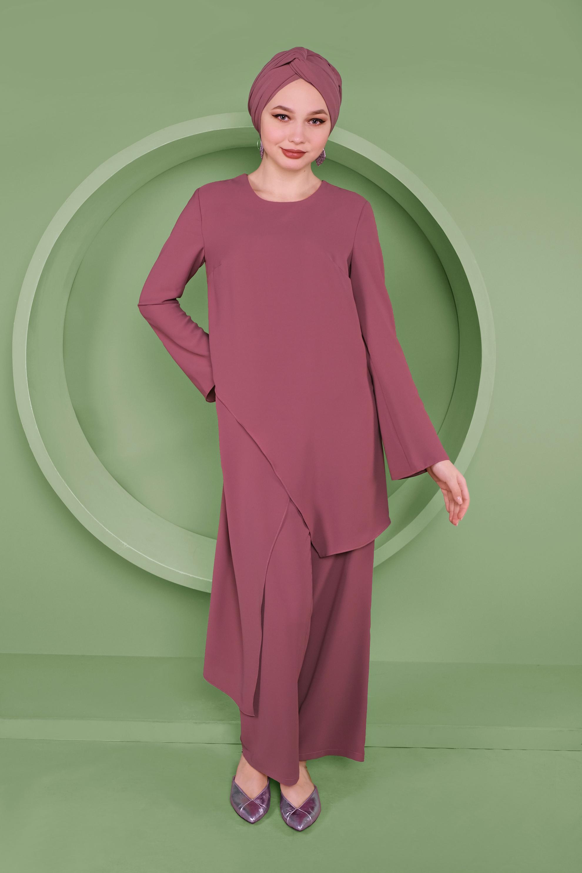 Tesettür giyim PEMBE ASİMETRİK KESİM İKİLİ PANTOLONLU TAKIM 41354 