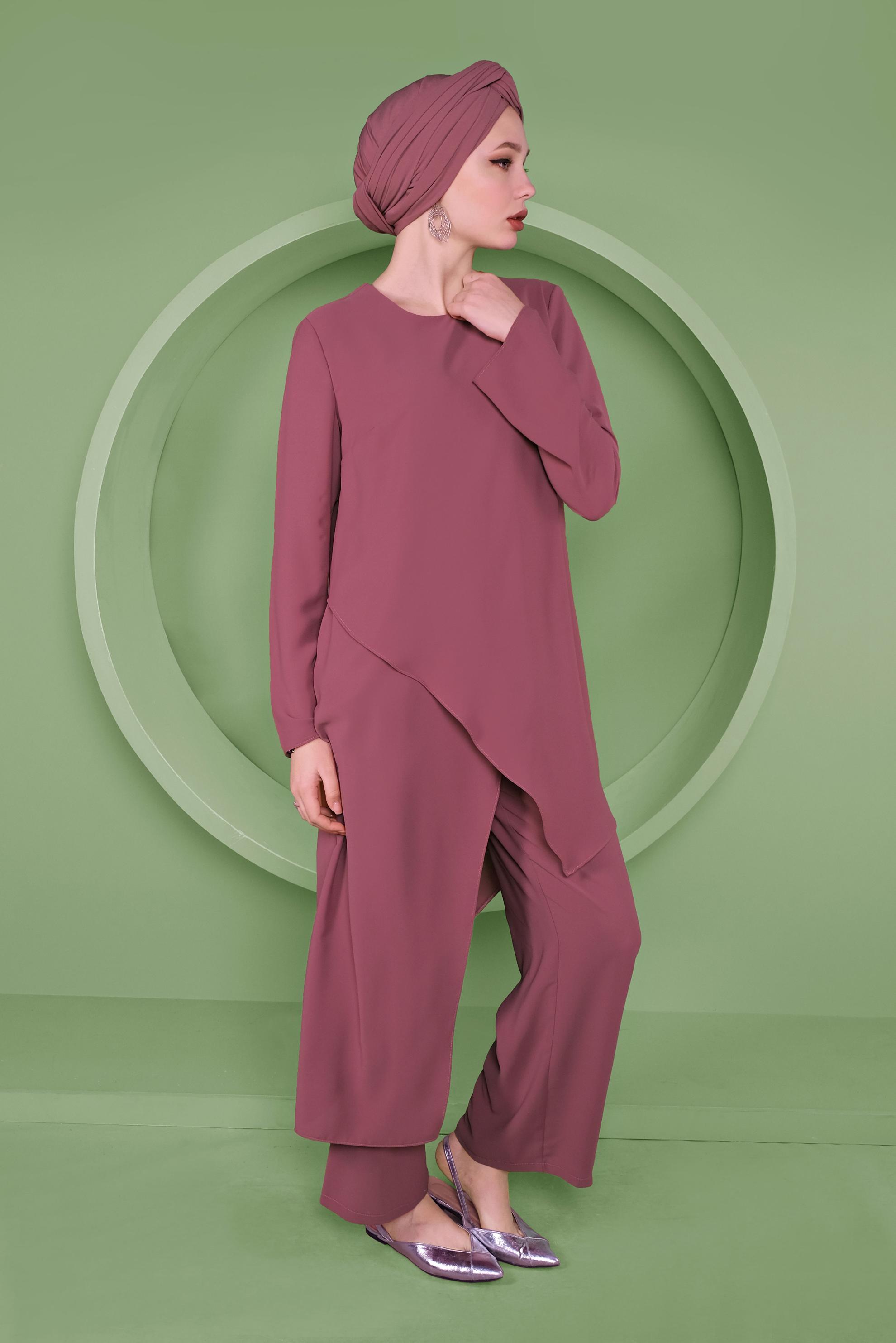Tesettür giyim PEMBE ASİMETRİK KESİM İKİLİ PANTOLONLU TAKIM 41354 