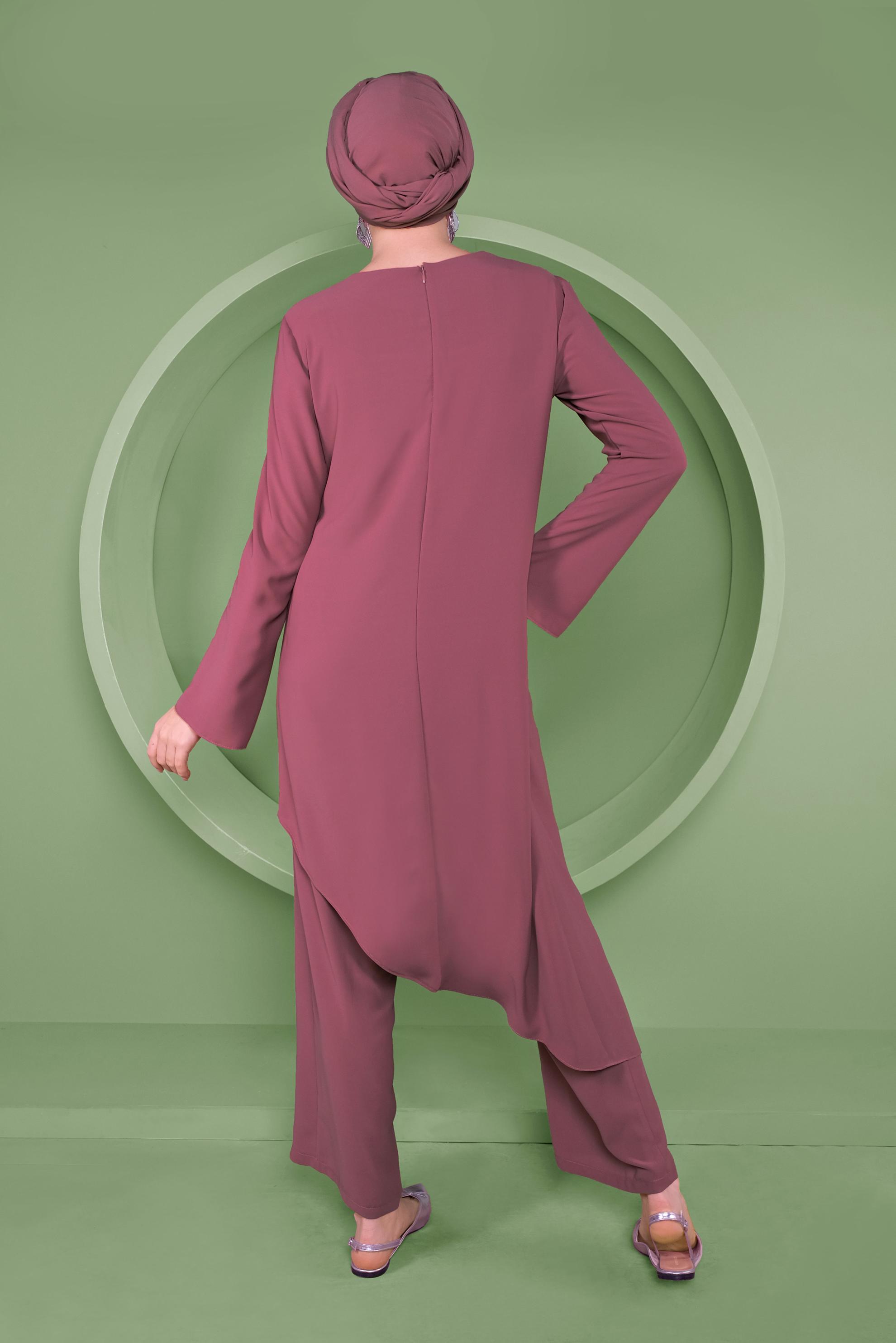 Tesettür giyim PEMBE ASİMETRİK KESİM İKİLİ PANTOLONLU TAKIM 41354 