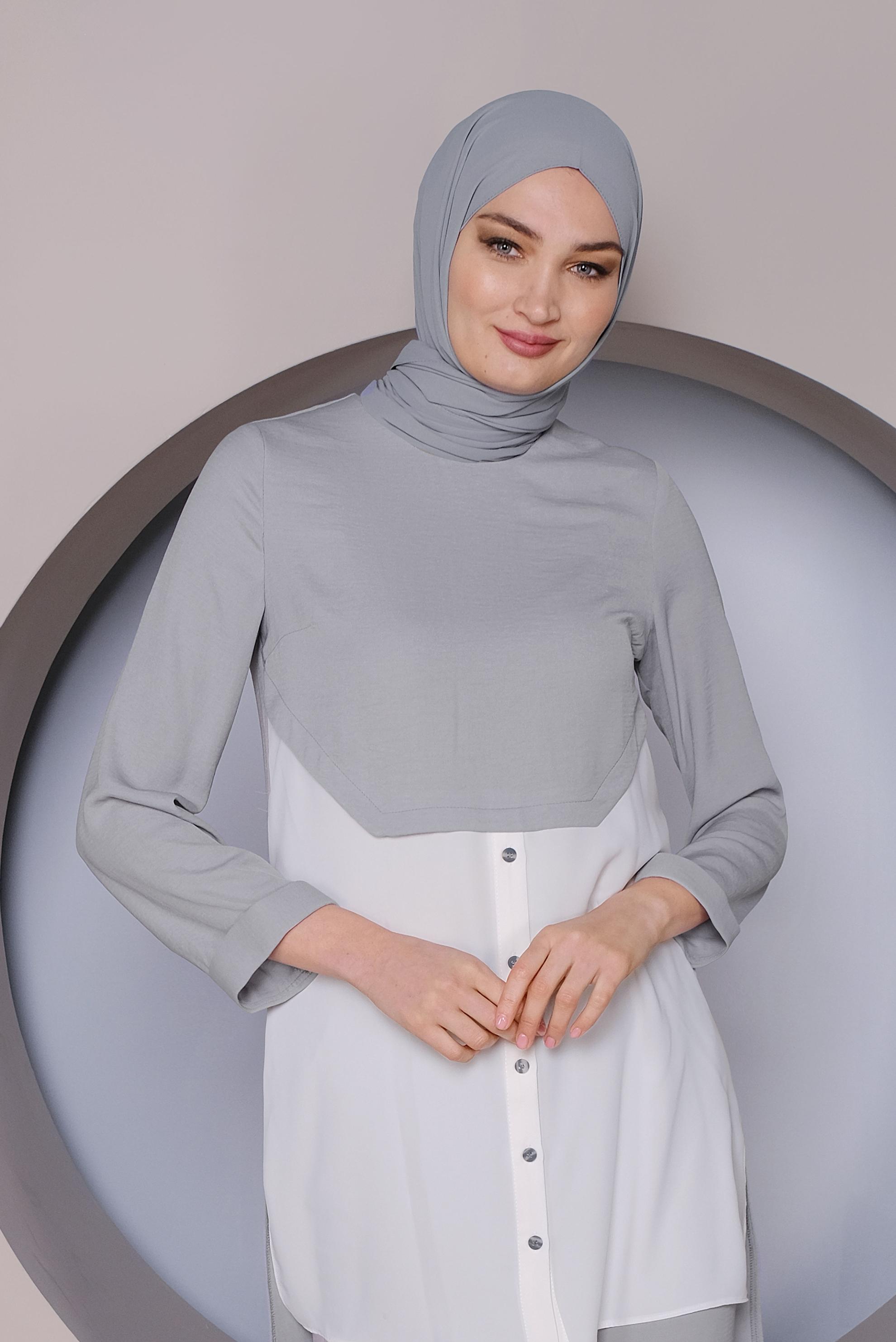 Tesettür giyim GRİ PARÇA DETAYLI İKİLİ PANTOLONLU TAKIM 41355