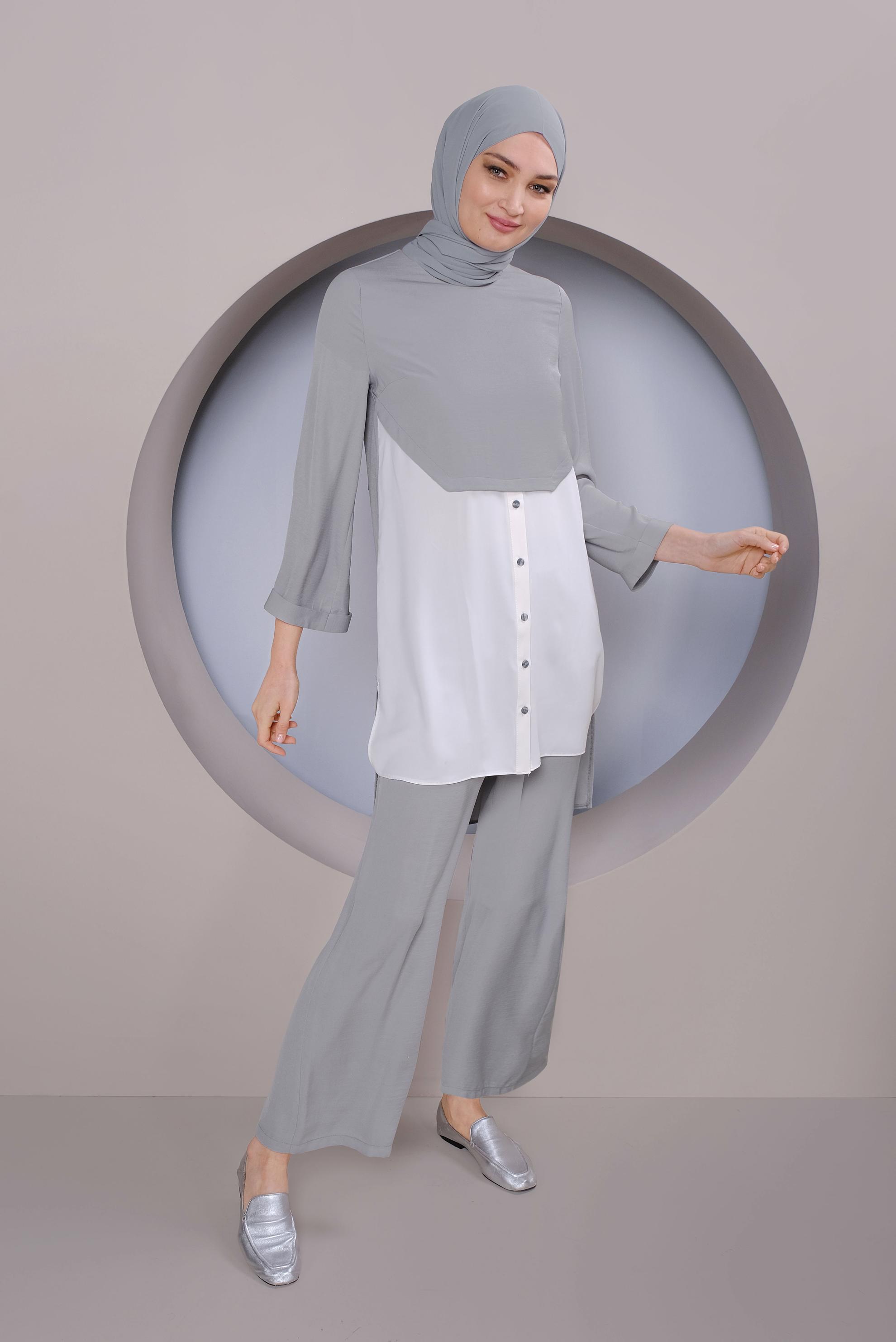 Tesettür giyim GRİ PARÇA DETAYLI İKİLİ PANTOLONLU TAKIM 41355