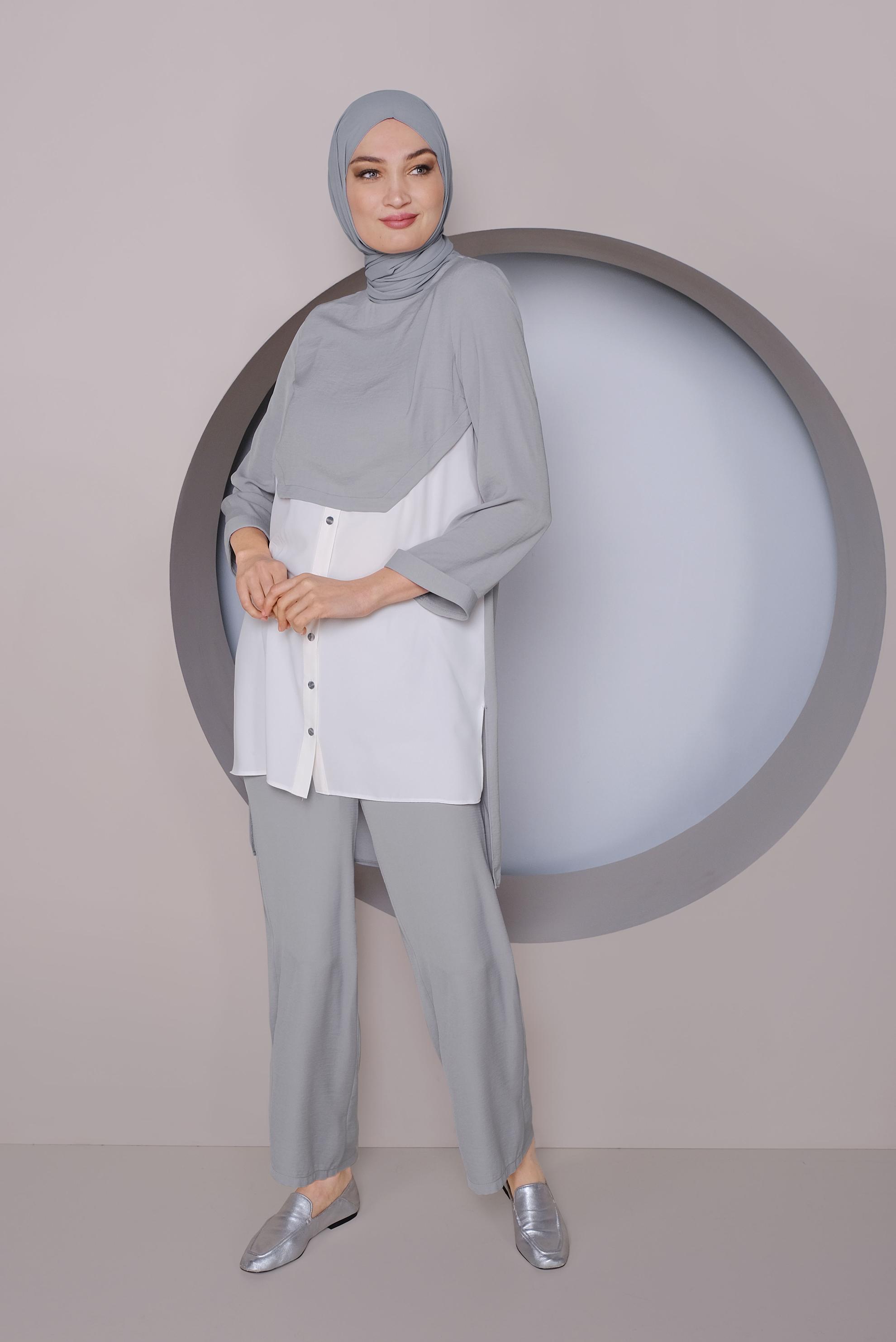 Tesettür giyim GRİ PARÇA DETAYLI İKİLİ PANTOLONLU TAKIM 41355