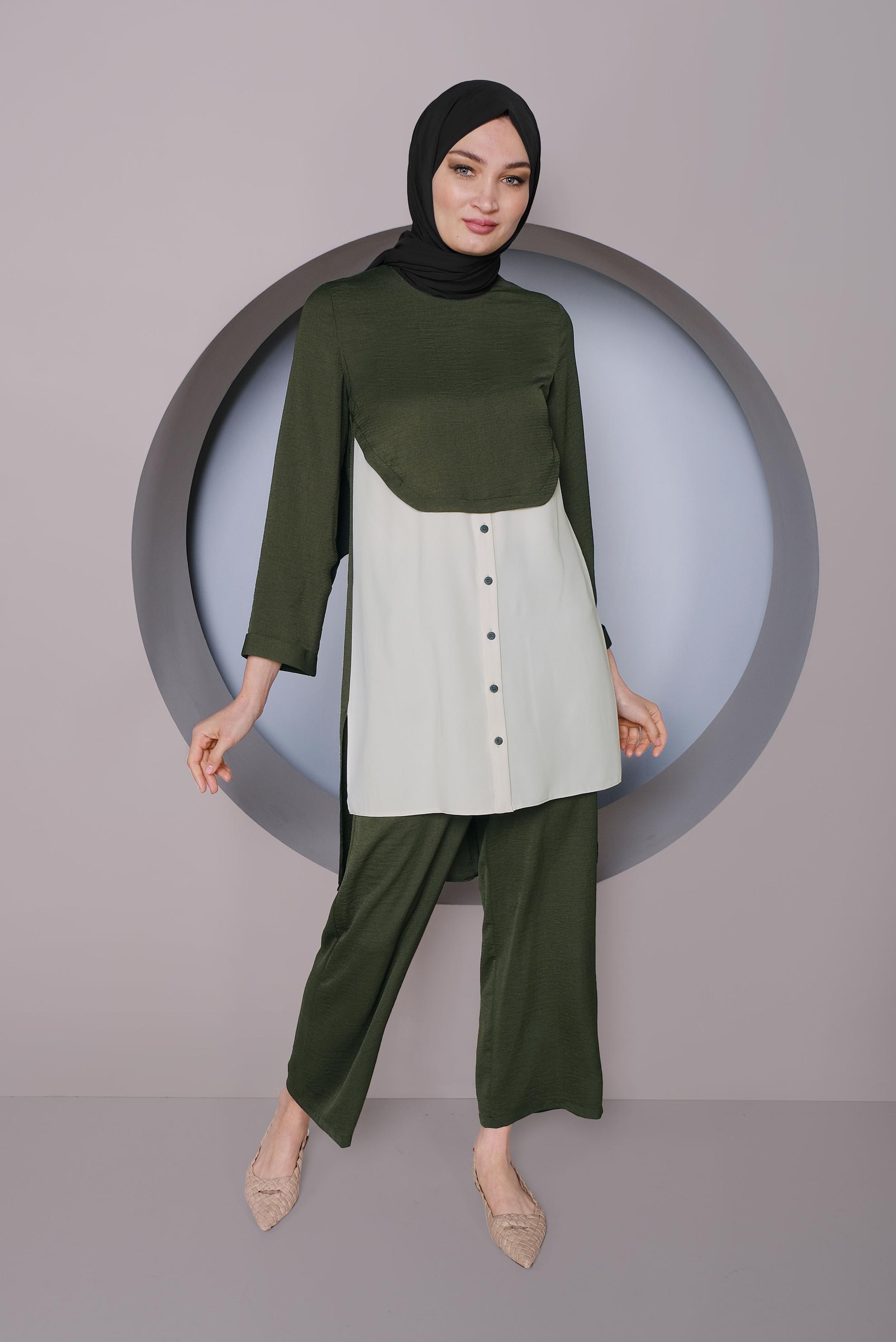 Tesettür giyim HAKİ PARÇA DETAYLI İKİLİ PANTOLONLU TAKIM 41355