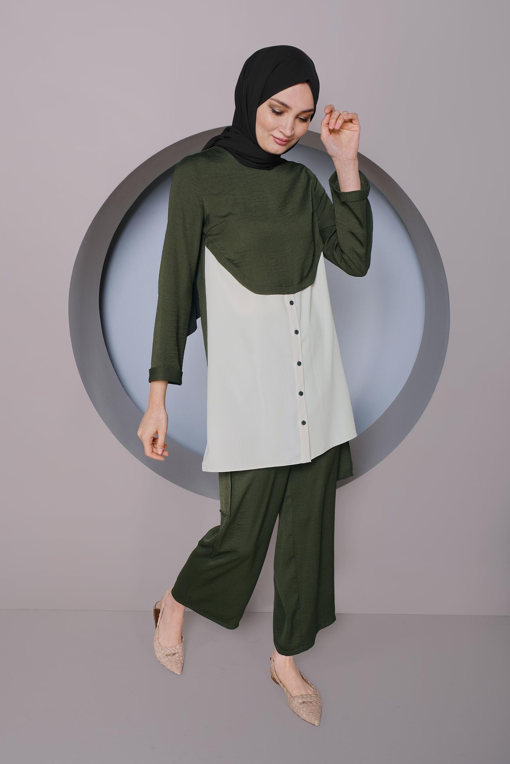 Tesettür giyim HAKİ PARÇA DETAYLI İKİLİ PANTOLONLU TAKIM 41355