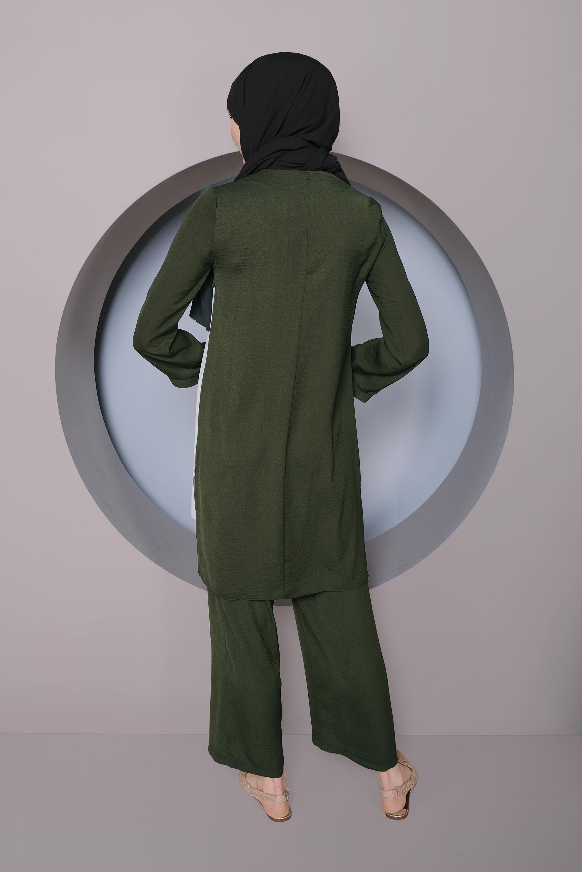 Tesettür giyim HAKİ PARÇA DETAYLI İKİLİ PANTOLONLU TAKIM 41355