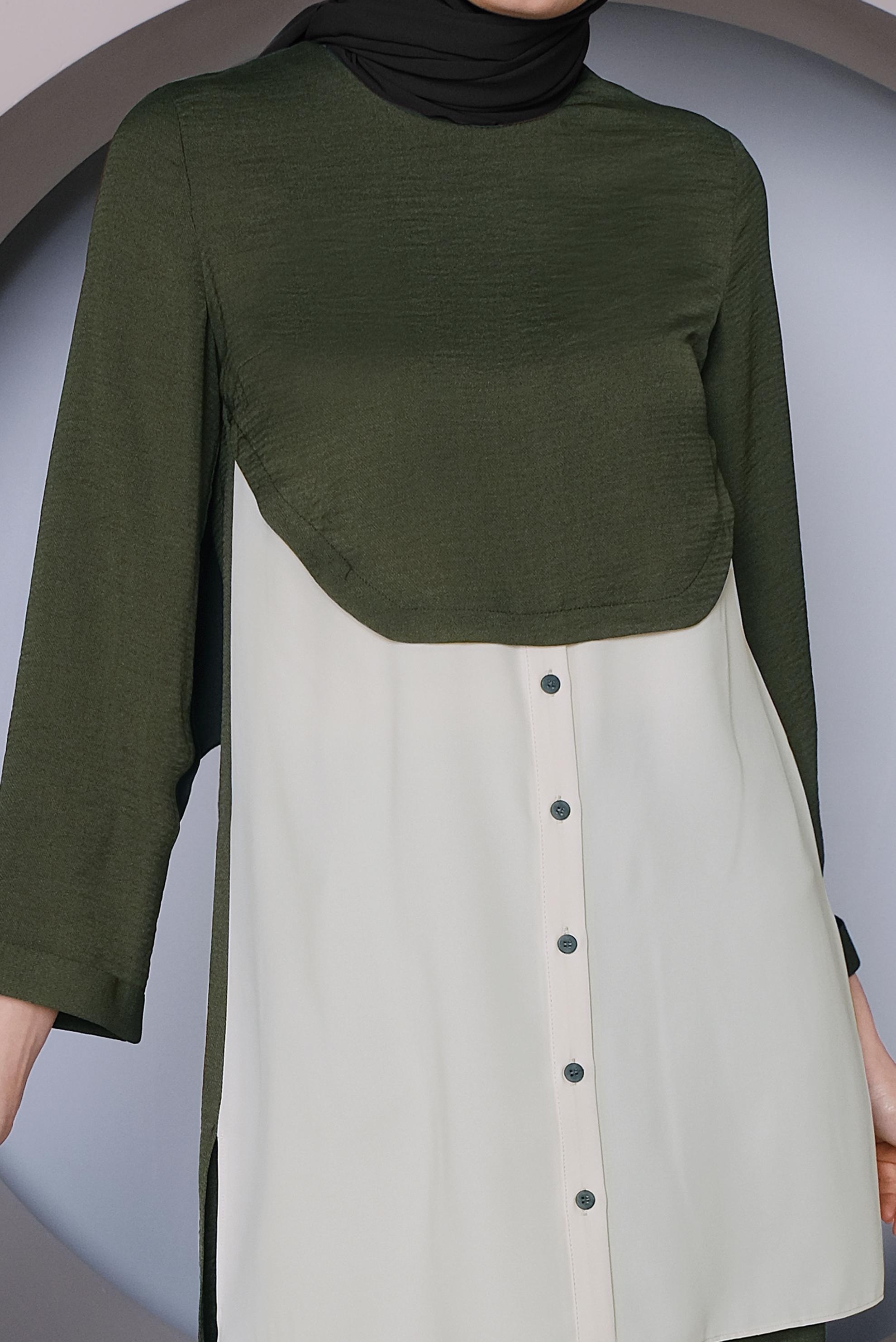 Tesettür giyim HAKİ PARÇA DETAYLI İKİLİ PANTOLONLU TAKIM 41355