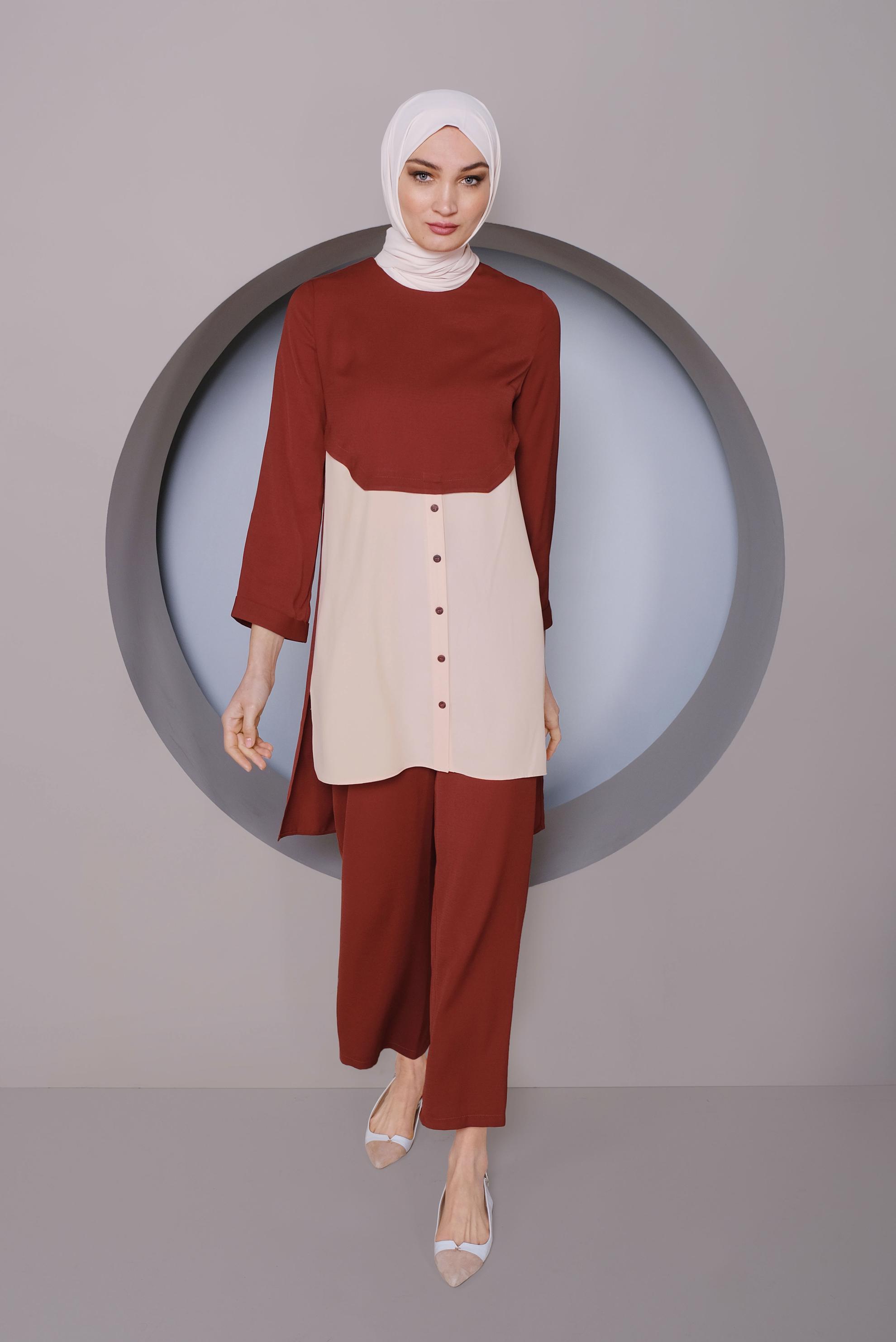 Tesettür giyim TURUNCU PARÇA DETAYLI İKİLİ PANTOLONLU TAKIM 41355