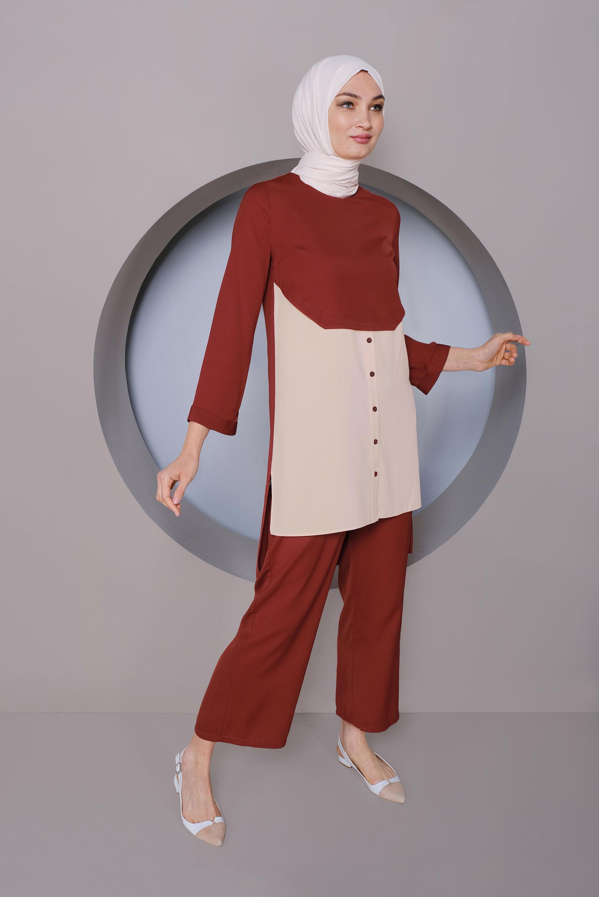 Tesettür giyim TURUNCU PARÇA DETAYLI İKİLİ PANTOLONLU TAKIM 41355