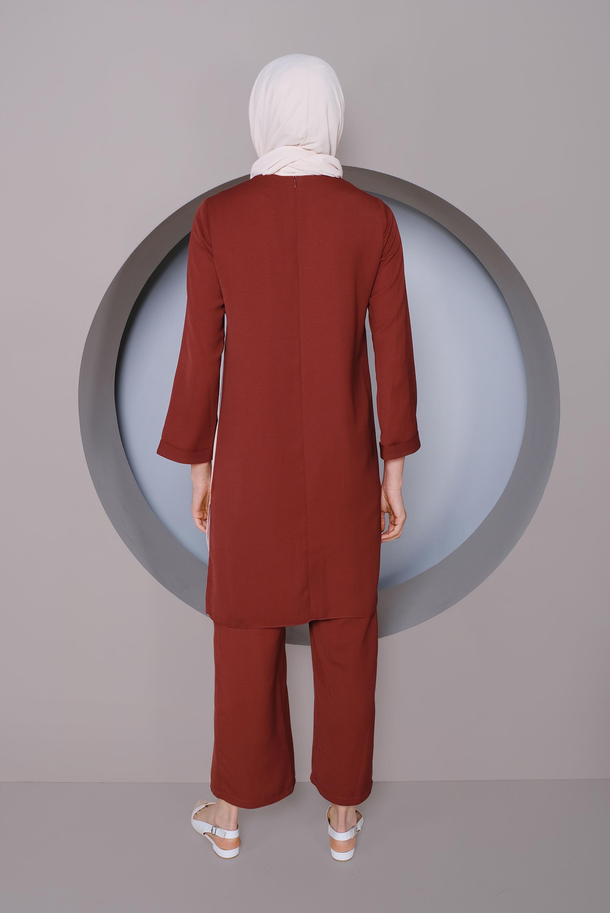 Tesettür giyim TURUNCU PARÇA DETAYLI İKİLİ PANTOLONLU TAKIM 41355