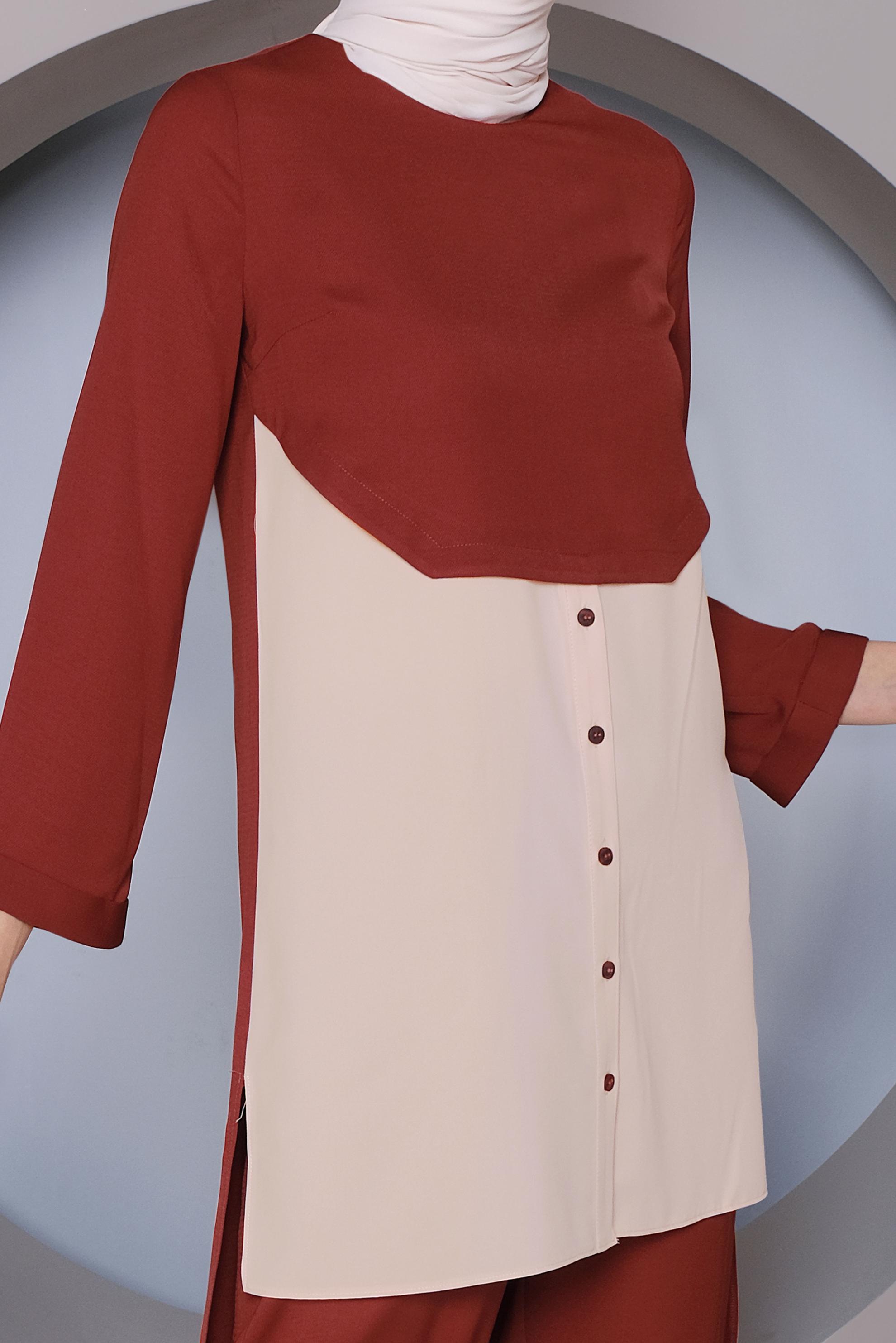 Tesettür giyim TURUNCU PARÇA DETAYLI İKİLİ PANTOLONLU TAKIM 41355