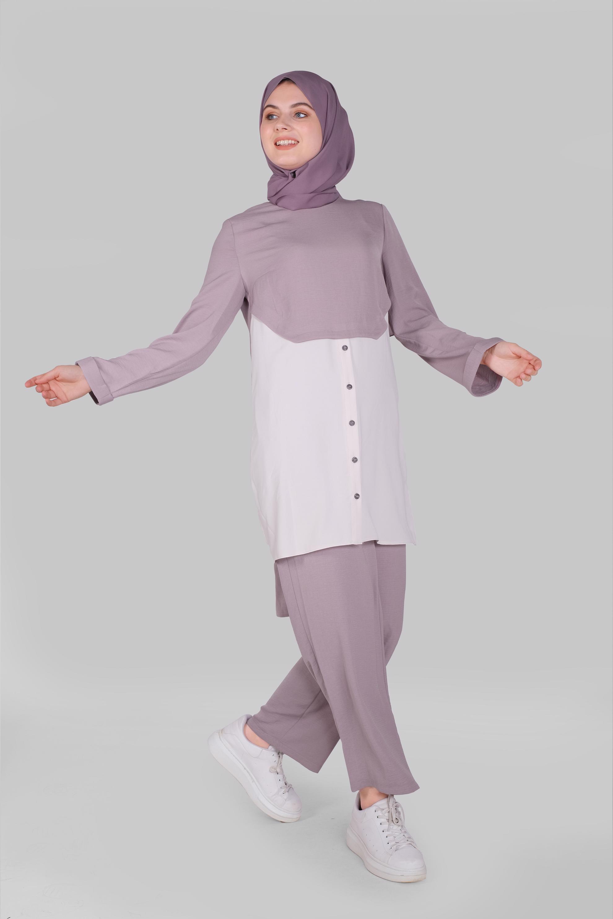 Tesettür giyim MÜRDÜM PARÇA DETAYLI İKİLİ PANTOLONLU TAKIM 41355