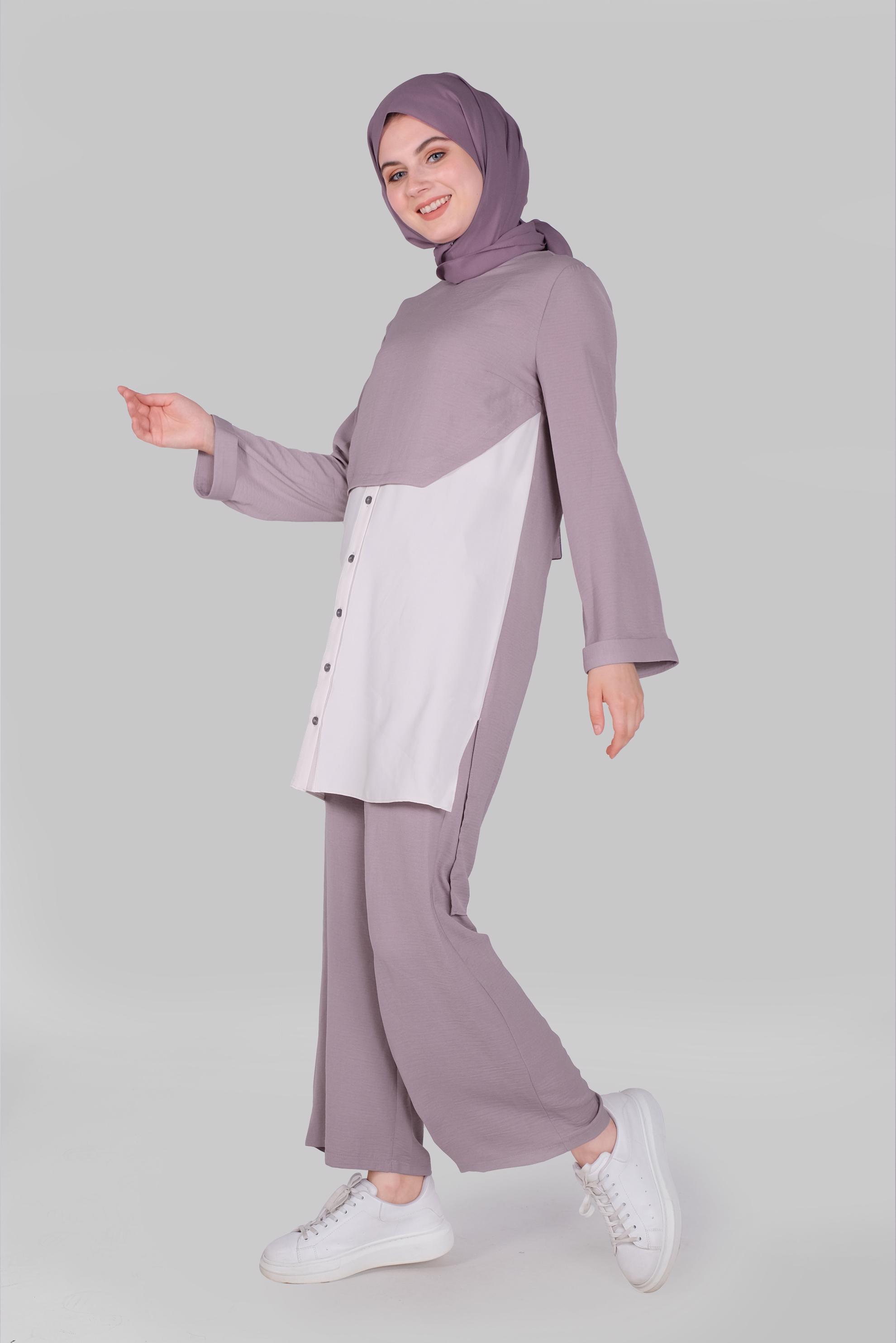 Tesettür giyim MÜRDÜM PARÇA DETAYLI İKİLİ PANTOLONLU TAKIM 41355