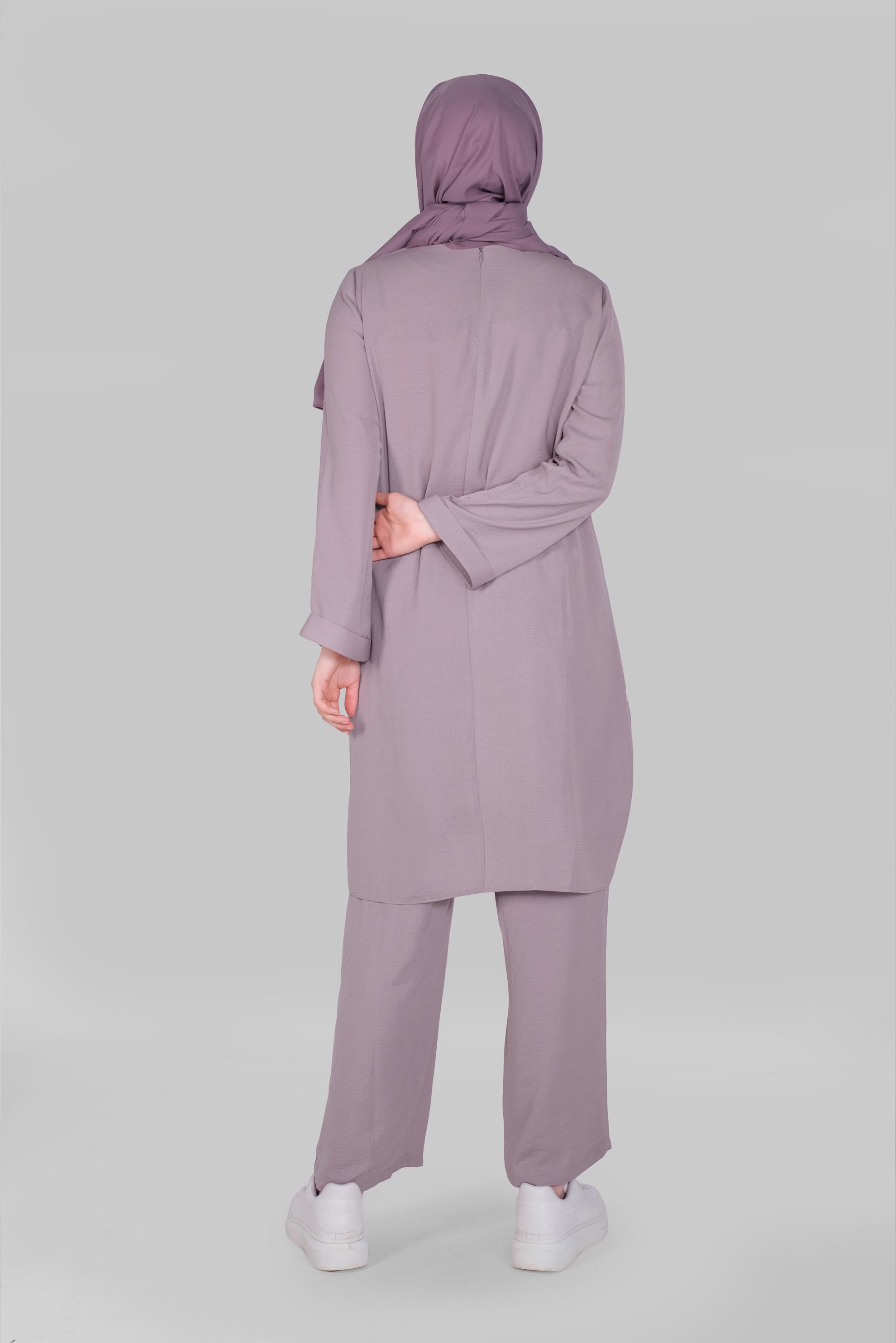 Tesettür giyim MÜRDÜM PARÇA DETAYLI İKİLİ PANTOLONLU TAKIM 41355