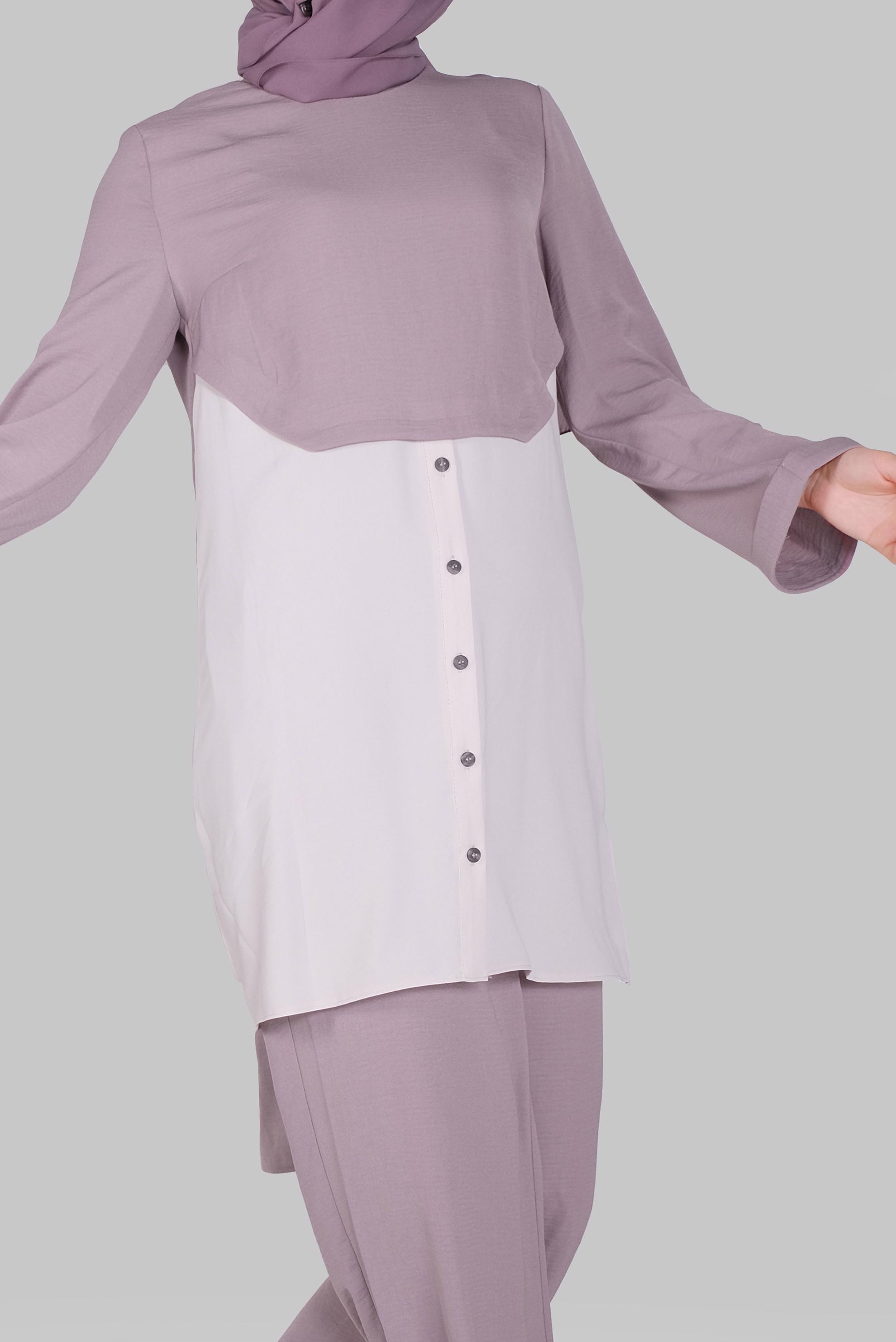 Tesettür giyim MÜRDÜM PARÇA DETAYLI İKİLİ PANTOLONLU TAKIM 41355