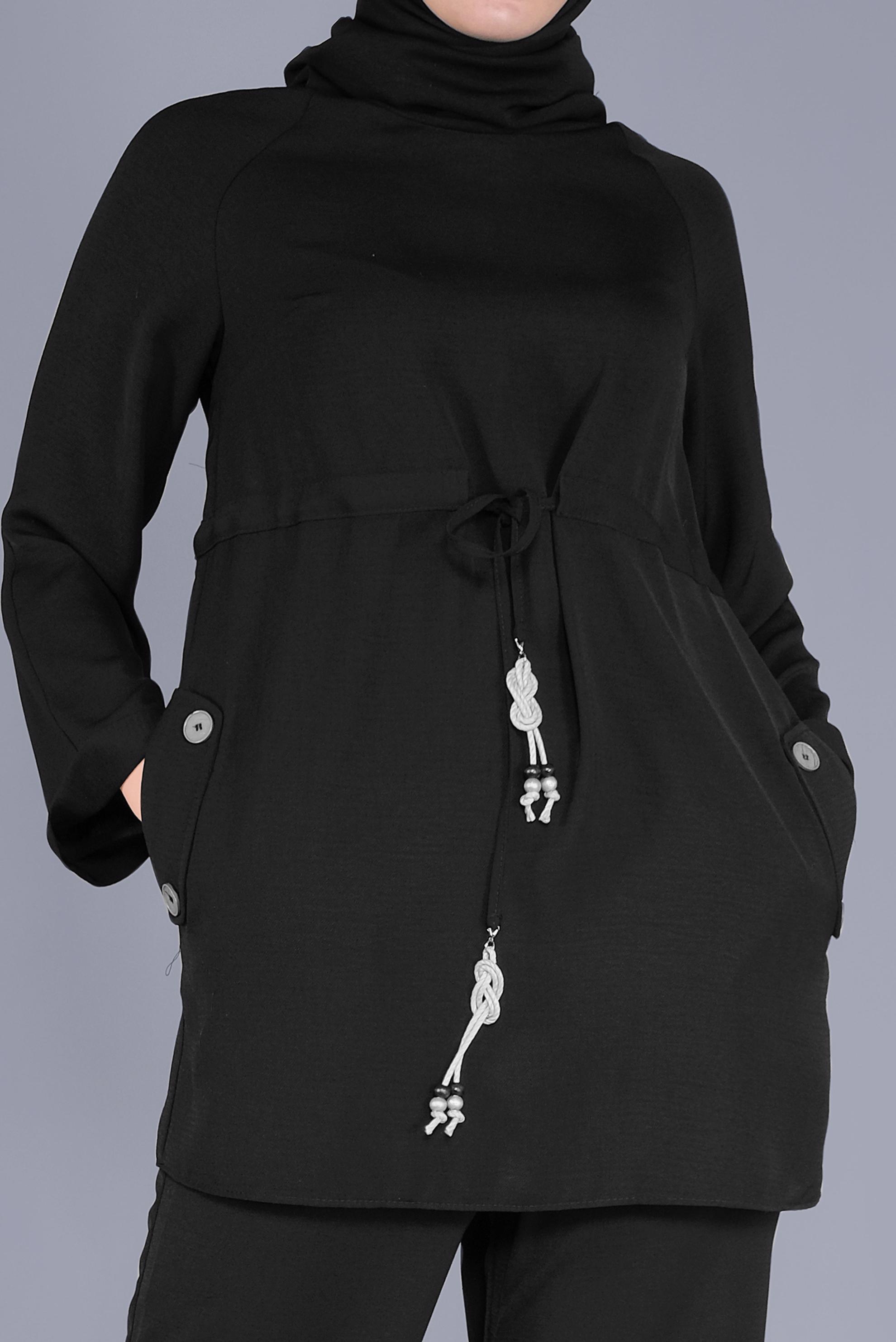 Tesettür giyim SİYAH BELDEN BÜZGÜ BAĞCIKLI İKİLİ PANTOLONLU TAKIM 41379