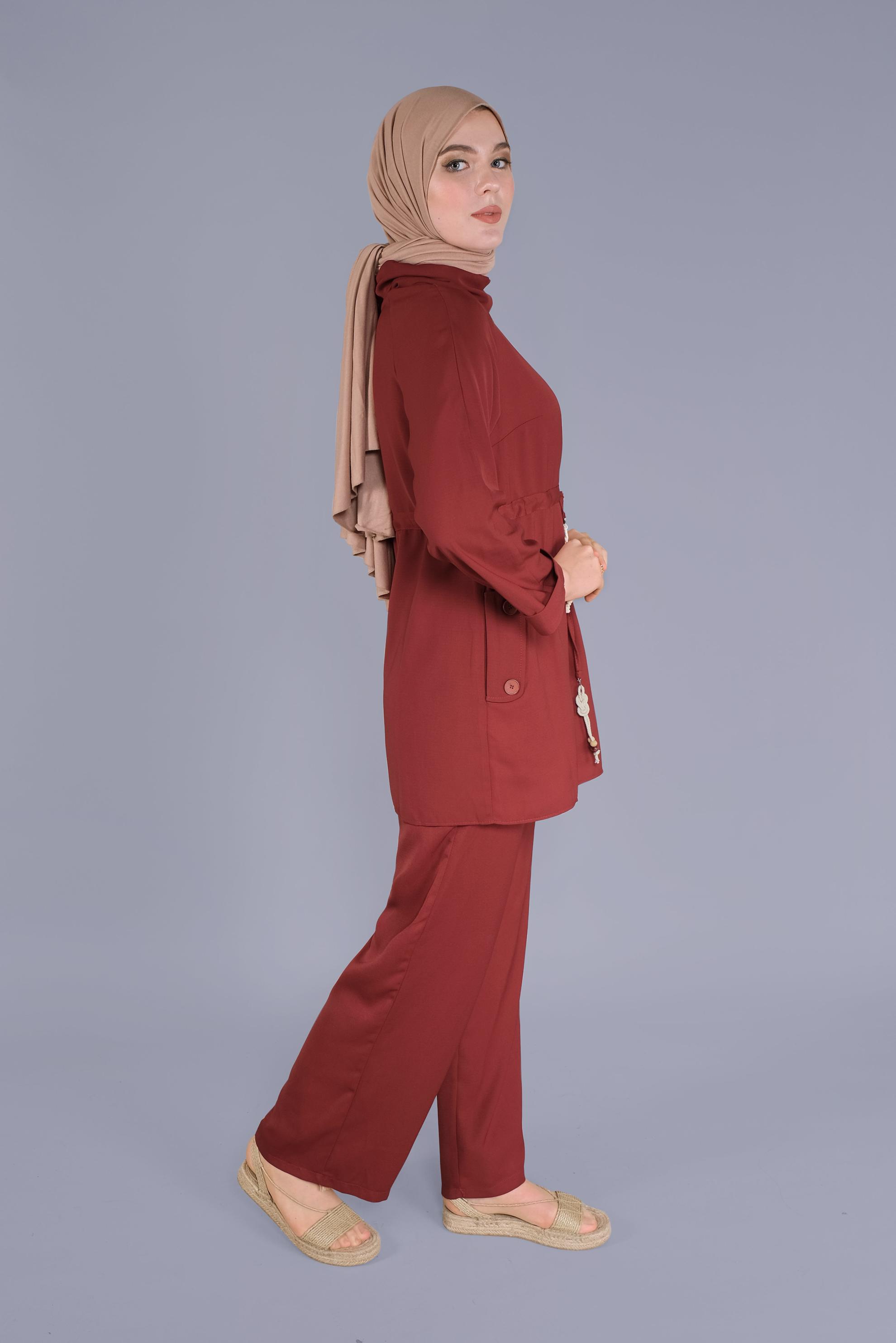 Tesettür giyim TURUNCU BELDEN BÜZGÜ BAĞCIKLI İKİLİ PANTOLONLU TAKIM 41379