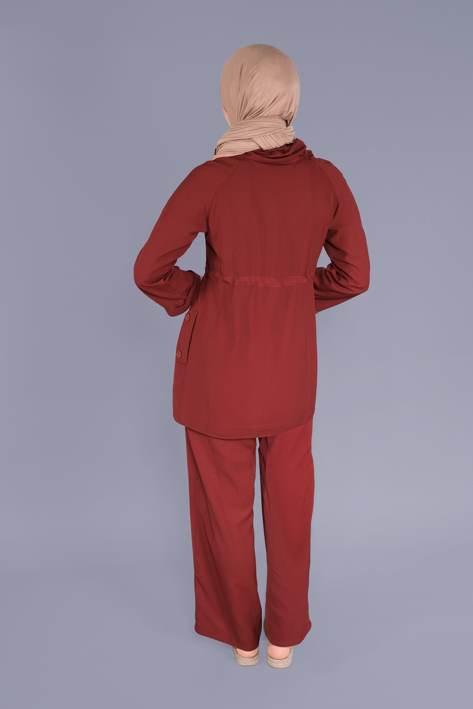 Tesettür giyim TURUNCU BELDEN BÜZGÜ BAĞCIKLI İKİLİ PANTOLONLU TAKIM 41379