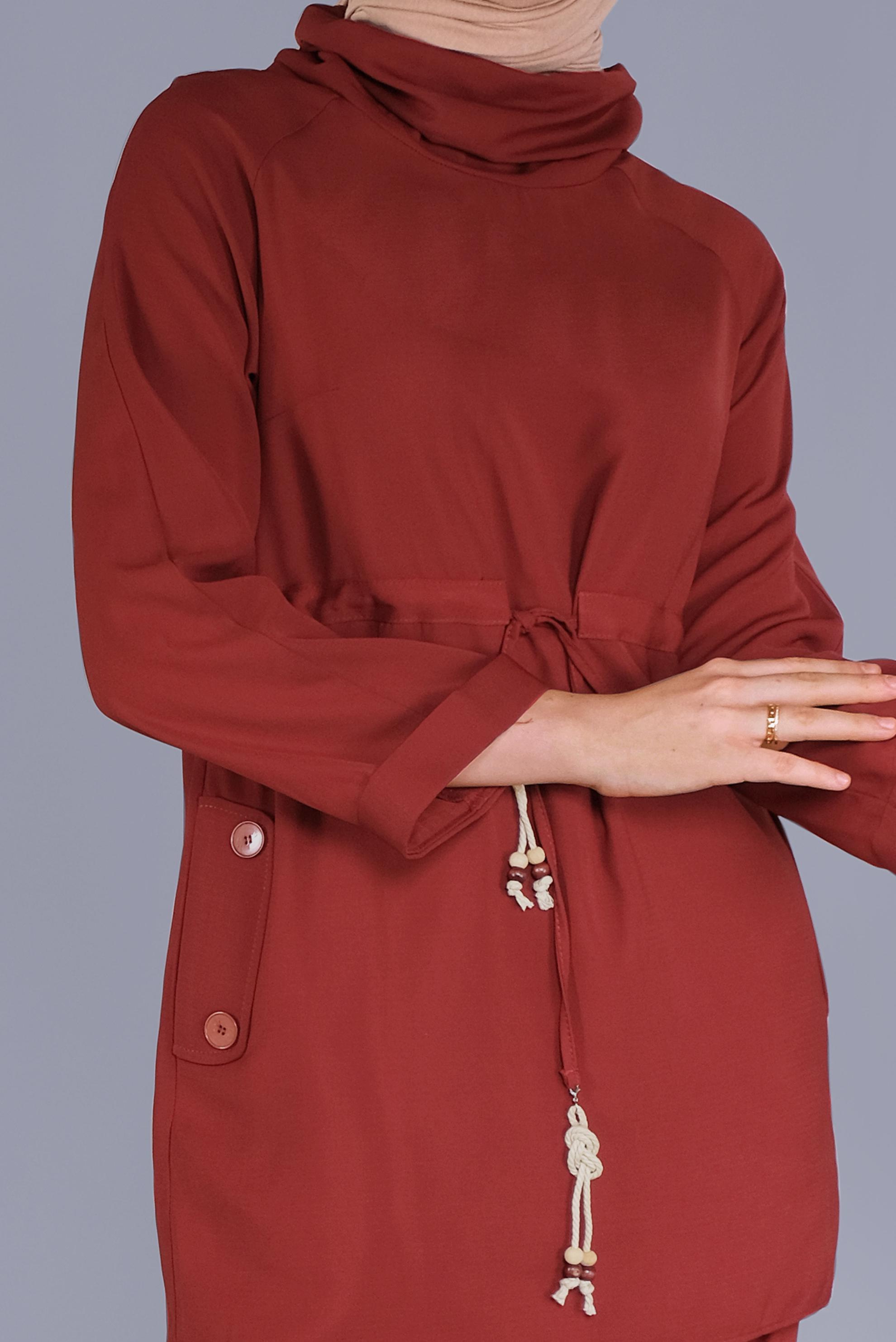 Tesettür giyim TURUNCU BELDEN BÜZGÜ BAĞCIKLI İKİLİ PANTOLONLU TAKIM 41379