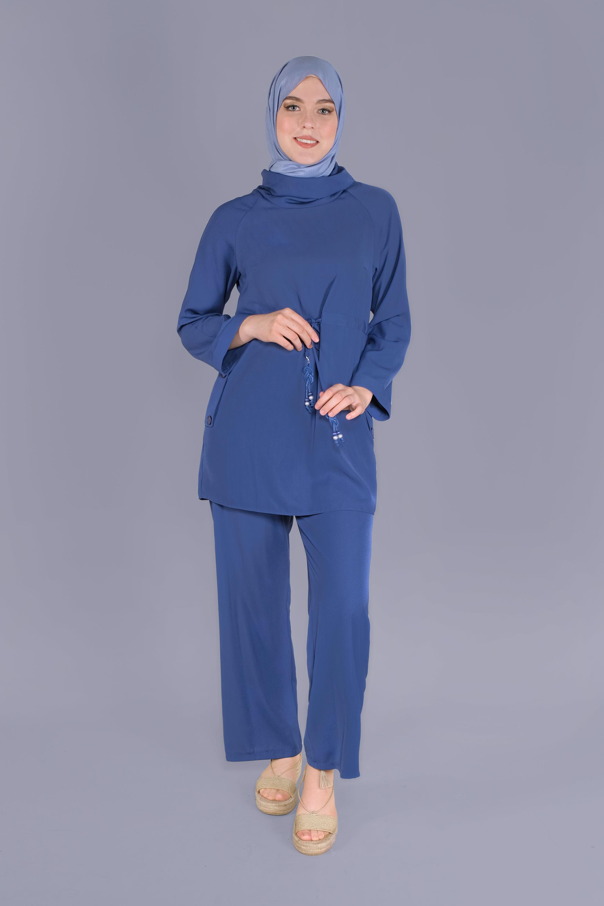 Tesettür giyim LACİVERT BELDEN BÜZGÜ BAĞCIKLI İKİLİ PANTOLONLU TAKIM 41379