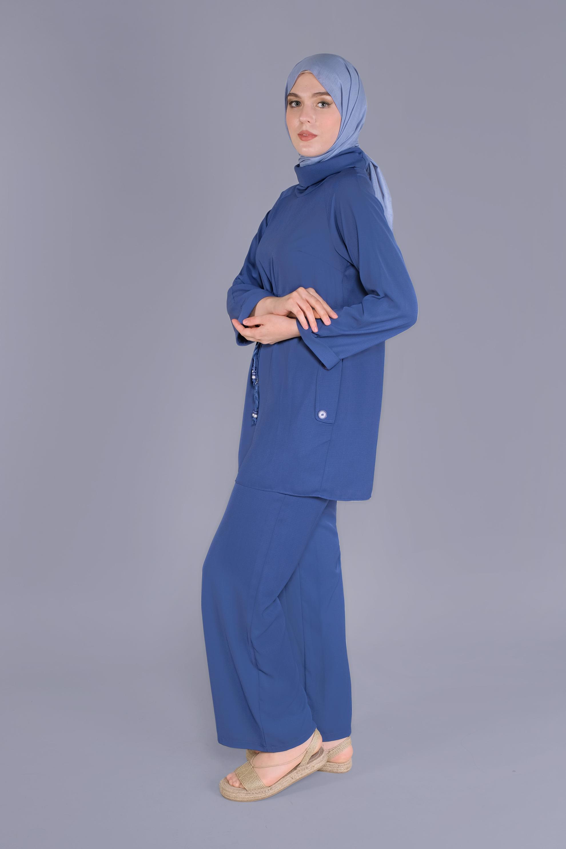Tesettür giyim LACİVERT BELDEN BÜZGÜ BAĞCIKLI İKİLİ PANTOLONLU TAKIM 41379
