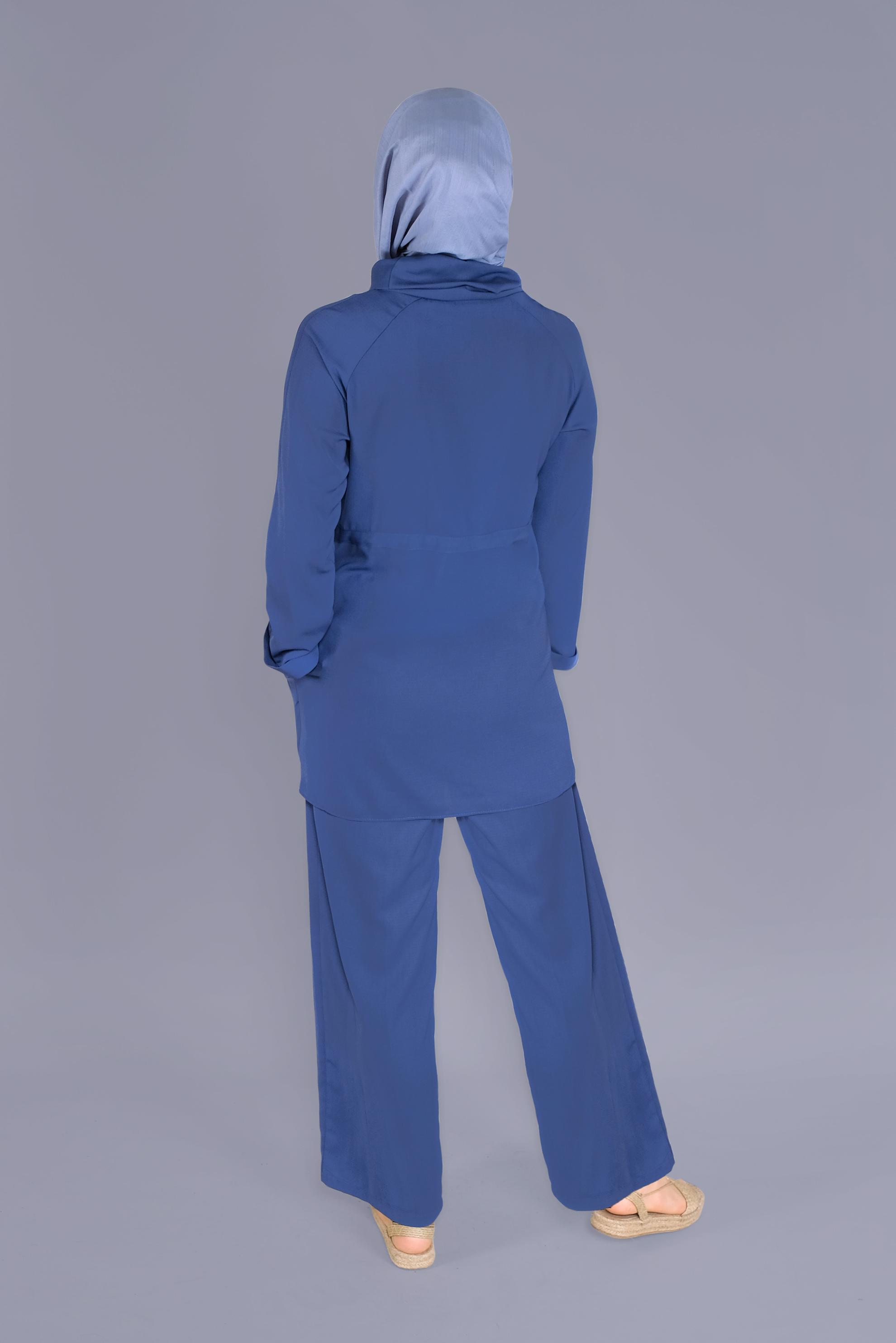 Tesettür giyim LACİVERT BELDEN BÜZGÜ BAĞCIKLI İKİLİ PANTOLONLU TAKIM 41379