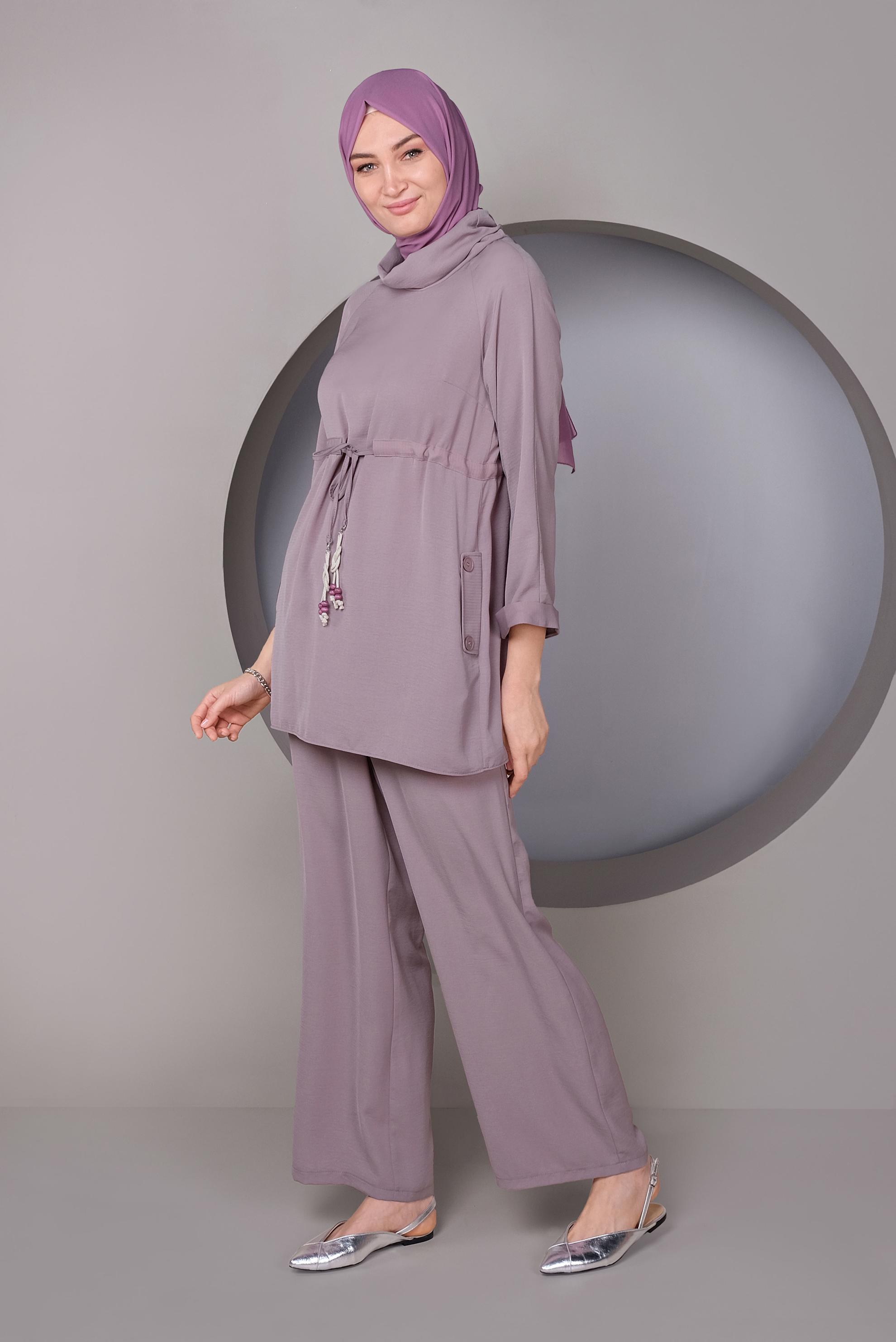 Tesettür giyim MÜRDÜM BELDEN BÜZGÜ BAĞCIKLI İKİLİ PANTOLONLU TAKIM 41379