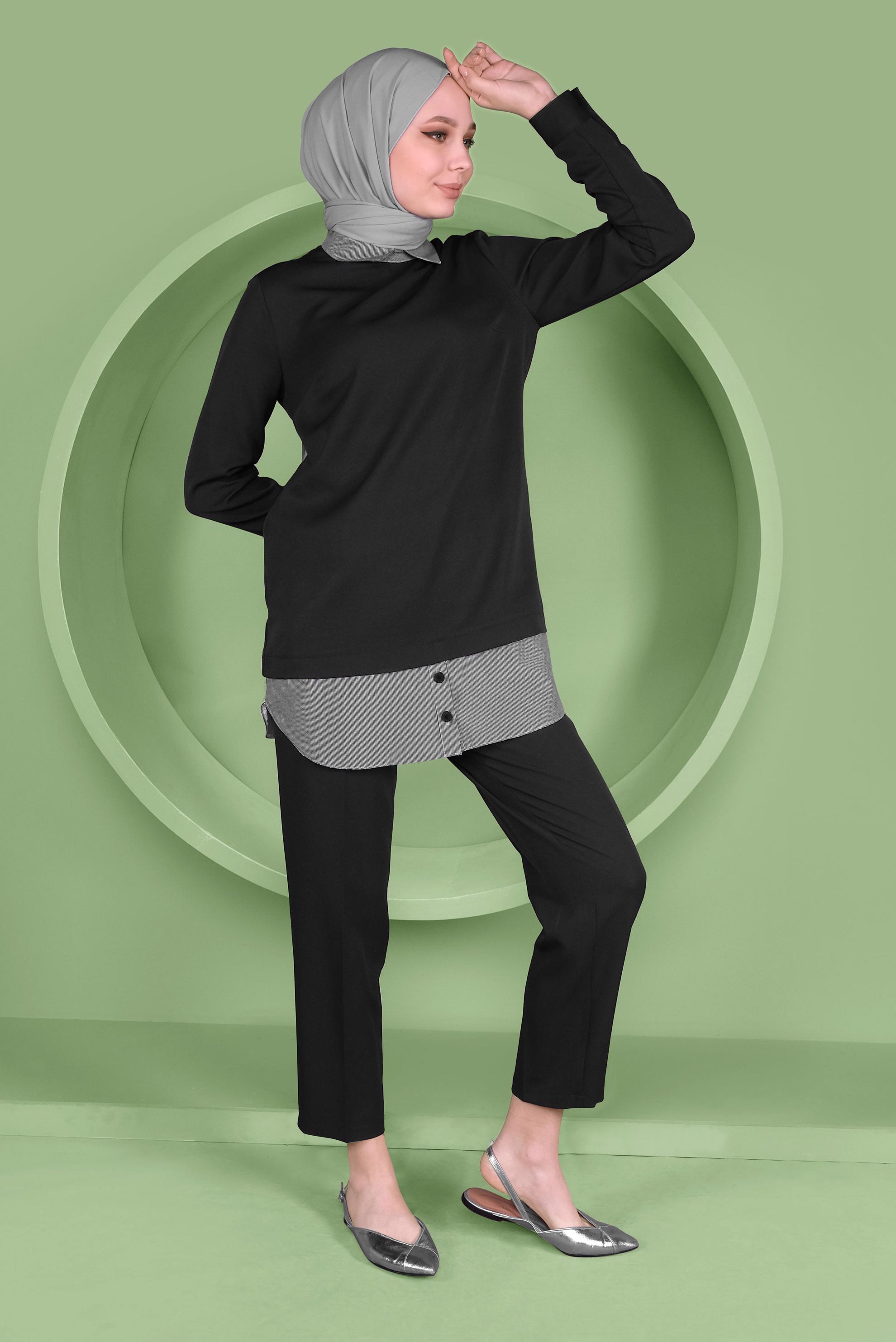 Tesettür giyim SİYAH DÜĞMELİ ERKEK YAKA PANTOLONLU TAKIM 41380 