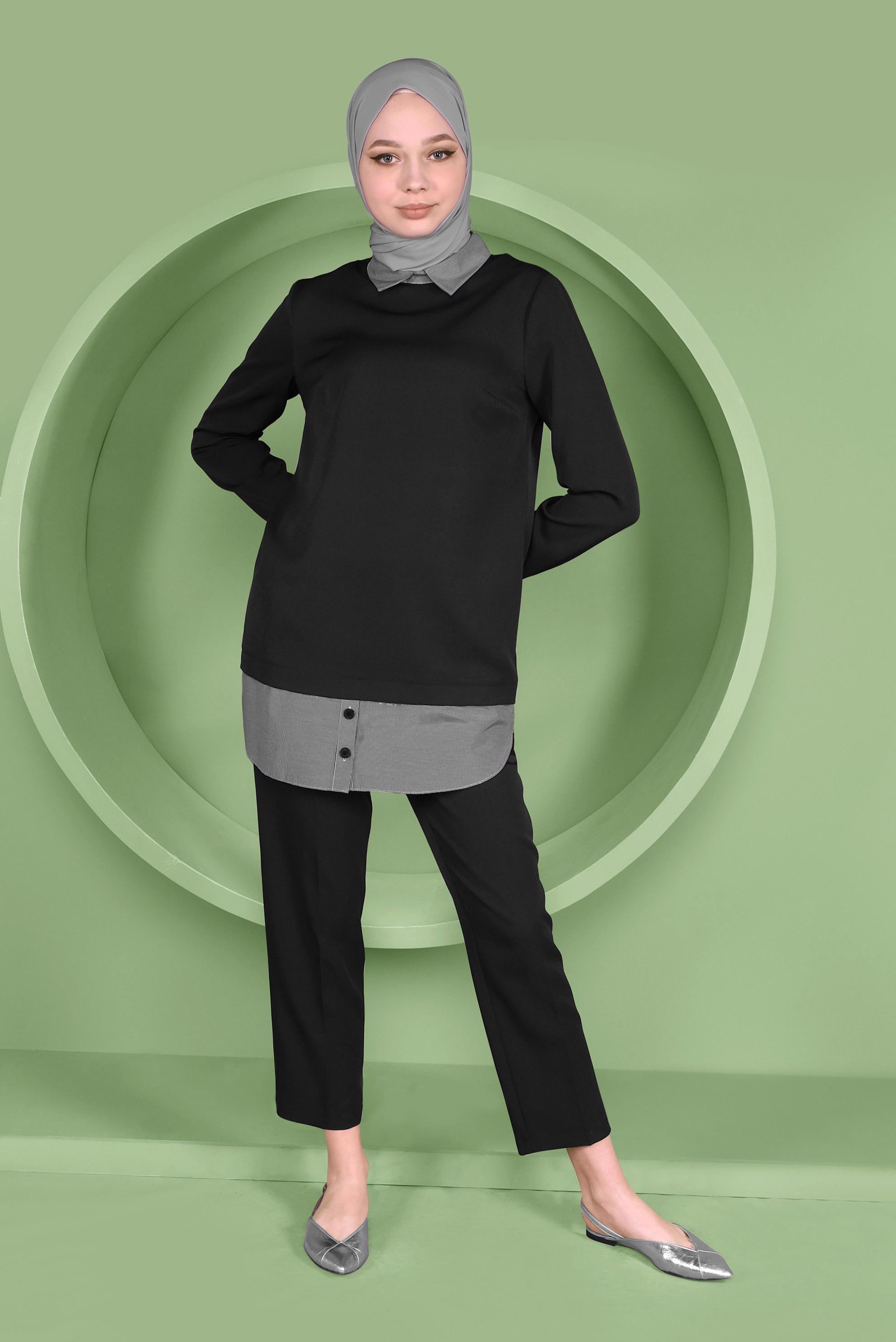 Tesettür giyim SİYAH DÜĞMELİ ERKEK YAKA PANTOLONLU TAKIM 41380 
