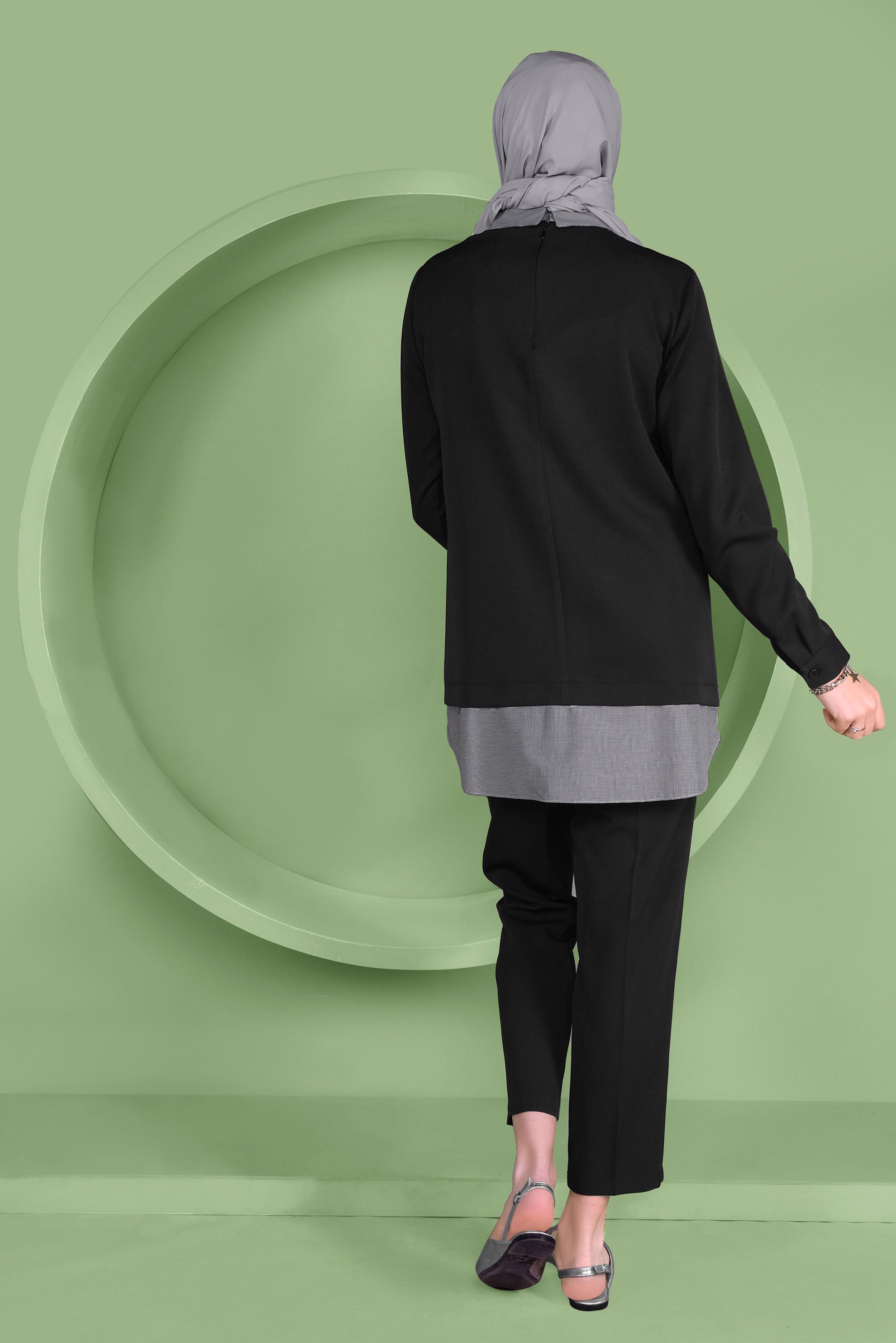 Tesettür giyim SİYAH DÜĞMELİ ERKEK YAKA PANTOLONLU TAKIM 41380 