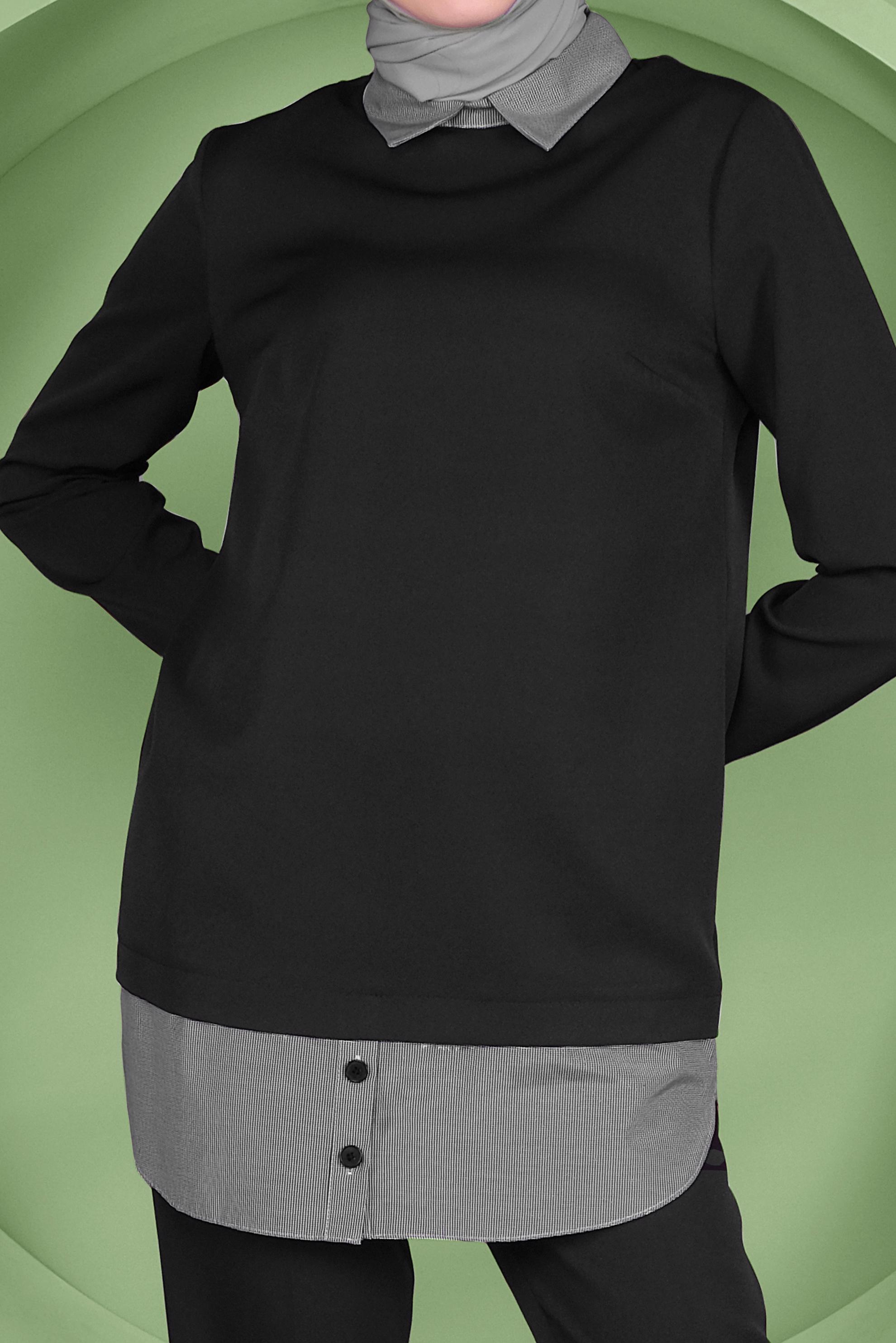 Tesettür giyim SİYAH DÜĞMELİ ERKEK YAKA PANTOLONLU TAKIM 41380 